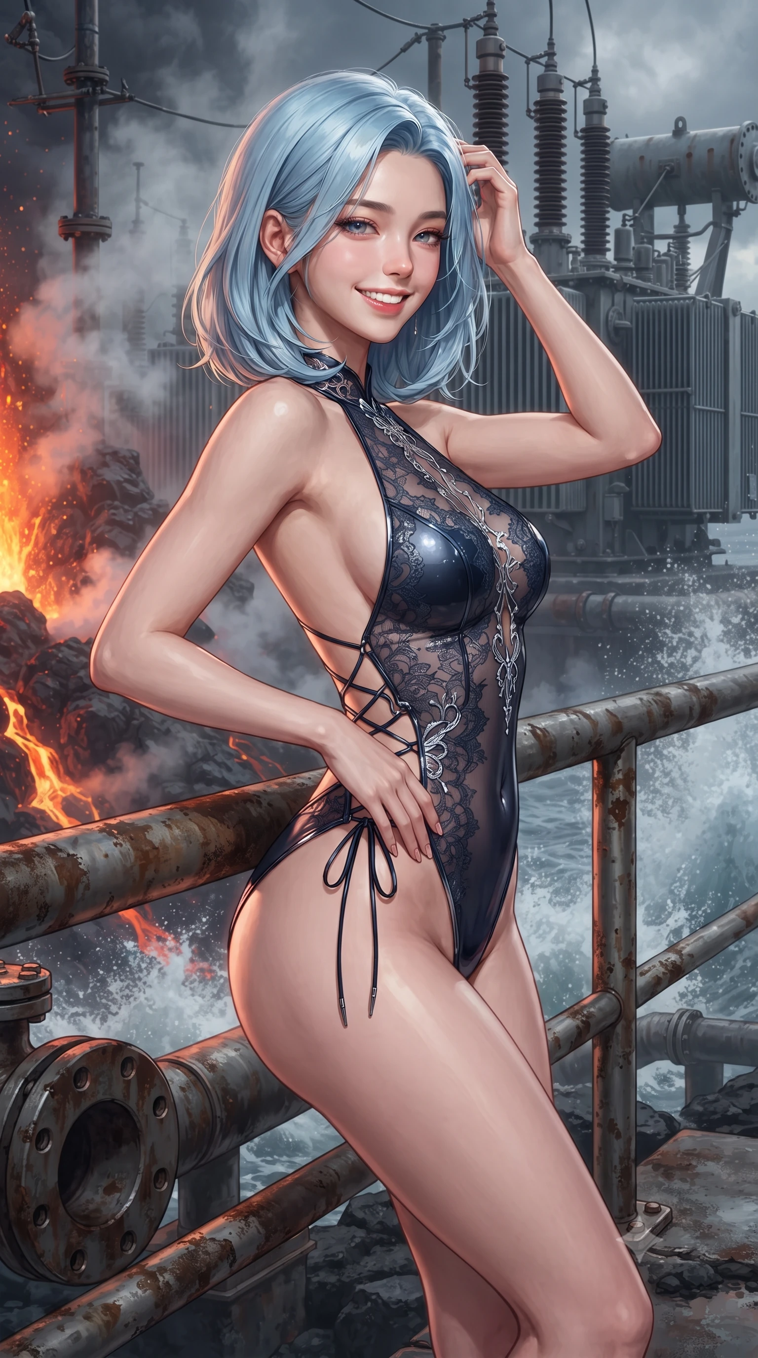score_9, masterpiece, best quality, ultra-detailed, high-budget anime keyframe, editorial fashion photography, tasteful artistic composition, Korean woman. close-up cowboy shot from the waist and thighs up, the character dominates the composition, filling the frame with her large presence. twisting her slender torso in an alluring contrapposto stance, one hand resting on her sculpted hip while her fingers toy with her hair with effortless poise while leaning against the weathered industrial rail with hips cocked back, looking through rising volcanic steam at towering electrical transformers with heavy-lidded bedroom-eyes. The surrounding environment is rendered in vivid detail and crisp panoramic clarity: sharp cooled black basalt crust textures, heavy industrial pipe flanges, and foaming ocean spray in deep focus. She has an exceptionally elegant, slender, and willowy female figure with an ultra-slim waist, flat toned midriff, narrow ribcage, and sculpted feminine hips creating an alluring, slim hourglass silhouette without bulk. sharp v-shaped jawline, high-bridge nose, intricate jewel-like sparkling eyes with depth, thick eyelashes, glossy parted lips with a natural peach sheen, bright cheerful beaming smile with an enchanting and coquettish sensual glint, exuding both youthful cute charm and seductive allure, flawlessly proportioned anatomical accuracy, strict slender model proportions, natural body alignment, perfectly sculpted long slender limbs, ultra-slim waistline, clean dynamic posture without body distortion. wearing an alluring backless sheer lace combat leotard with high-cut leg openings and delicate fiber-optic embroidery framing her spine in midnight carbon navy and polished chrome, made of delicate semi-sheer French Chantilly lace with intricate eyelash edges, featuring fine criss-cross lace-up side ties revealing tantalizing glimpses of her hip curve, the impeccably tailored cut draping gracefully along her slender figure with aristocratic poise. bathed in the intense warm 1800K radiant glow of incandescent magma contrasted with cold stormy sea spray. ultra-reflective glossy finish, specular highlights, rich textural contrasts, high-contrast stereoscopic depth, volumetric dynamic lighting, 2k, ultra detail, master piece, 9:16 ratio