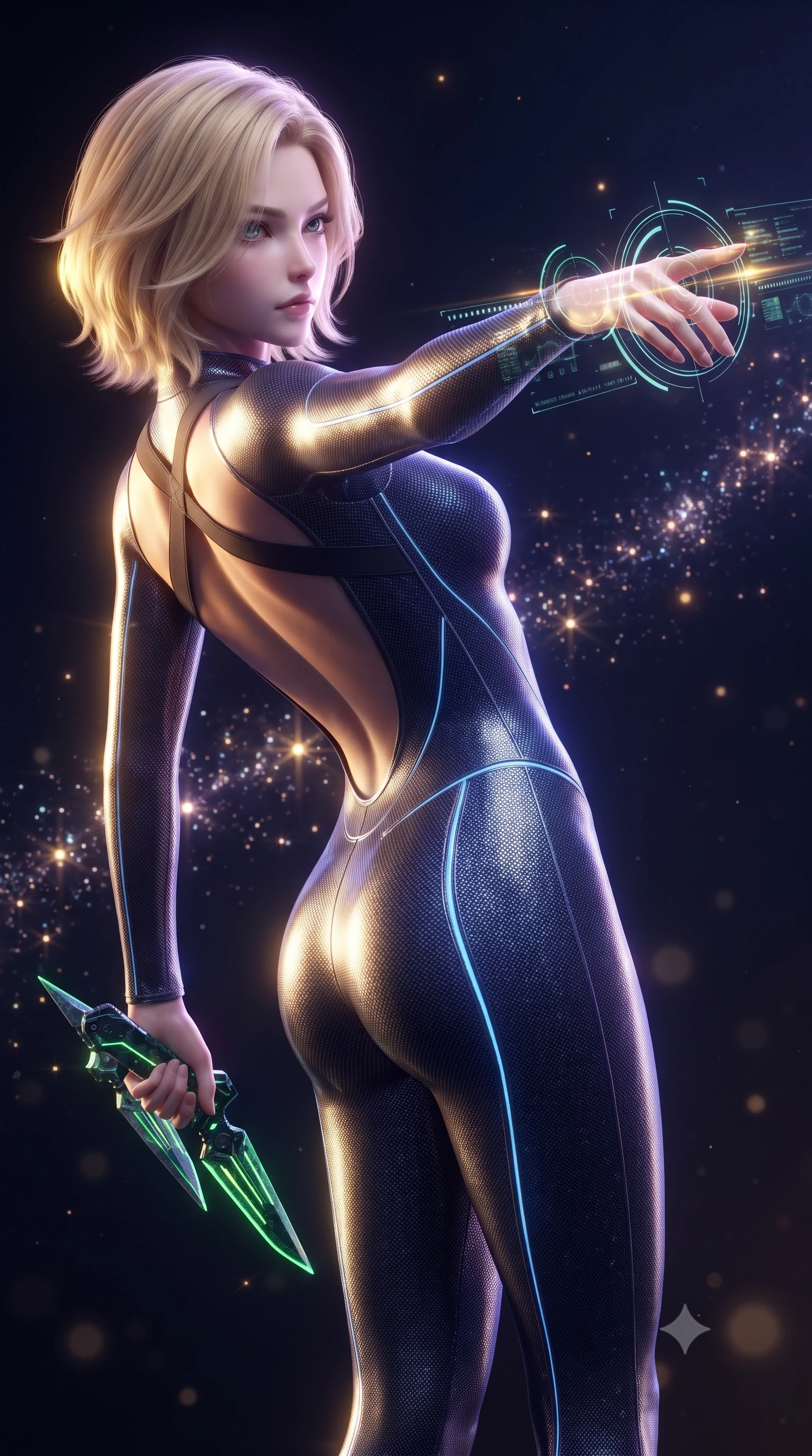 score_9, masterpiece, best quality, ultra-detailed, high-budget anime keyframe, editorial fashion photography, tasteful artistic composition, Caucasian woman. close-up cowboy shot from the waist and thighs up, the character dominates the composition, filling the frame with her large presence. extending one arm gracefully as glowing holographic targeting reticles and data streams orbit her fingertips with sovereign power while arching her spine in a fluid zero-gravity stretch, her long slender legs and sculpted torso creating a sweeping celestial line. The composition keeps background elements in soft focus with creamy bokeh. sparkling quantum particle trails scattering celestial radiance across a deep space backdrop. She has an exceptionally elegant, slender, and willowy female figure with an ultra-slim waist, a gracefully sculpted slender torso, toned flat midriff, and a refined slim silhouette. sharp v-shaped jawline, high-bridge nose, intricate jewel-like eyes with depth, thick eyelashes, glossy lips with a natural sheen, flawlessly proportioned anatomical accuracy, strict slender model proportions, natural body alignment, perfectly sculpted long slender limbs, ultra-slim waistline, clean dynamic posture without body distortion. wearing an aerodynamic dark titanium carbon-mesh jumper with glowing blue fiber lines, holding twin chrome vibro-daggers with deadly supermodel poise in emerald green carbon composite with glowing lime laser channels, made of liquid carbon-jersey fabric adhering flawlessly to her sculpted silhouette, complemented by criss-cross back harness straps highlighting her completely bare spine, the form-contouring material adhering flawlessly to her sculpted flat midriff and slender torso, emphasizing her long leg lines and perfectly proportioned willowy build. bathed in radiant golden singularity accretion glow and saturated violet gravitational field uplights. ultra-reflective glossy finish, specular highlights, dark metallic sheen, high-contrast stereoscopic depth, volumetric dynamic lighting, 2k, ultra detail, master piece, 9:16 ratio