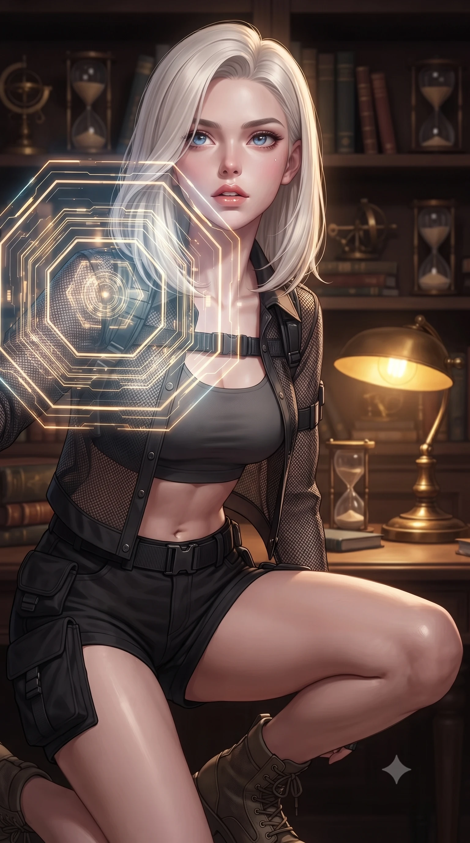 score_9, masterpiece, best quality, ultra-detailed, high-budget anime keyframe, editorial fashion photography, tasteful artistic composition, Caucasian woman. close-up cowboy shot from the waist and thighs up, the character dominates the composition, filling the frame with her large presence, background elements kept in soft focus. crouching slightly behind a glowing holographic shield emitter, looking up with defiance and lips slightly parted, the background shows a soft-focus a private study where hourglasses drip upward against the laws of gravity. She has an exceptionally elegant, slender, and willowy female figure with an ultra-slim waist, a gracefully sculpted slender torso, and a refined silhouette. sharp v-shaped jawline, high-bridge nose, intricate jewel-like eyes with depth, thick eyelashes, glossy lips with a natural sheen. wearing a slim-fit lightweight carbon-mesh cover-up shirt worn open over a crop top and high-cut combat shorts. low-key single table lamp casting warm concentrated golden light over her profile. ultra-reflective glossy finish, specular highlights, metallic sheen, high-contrast stereoscopic depth, volumetric dynamic lighting, 2k, ultra detail, master piece, 9:16 ratio