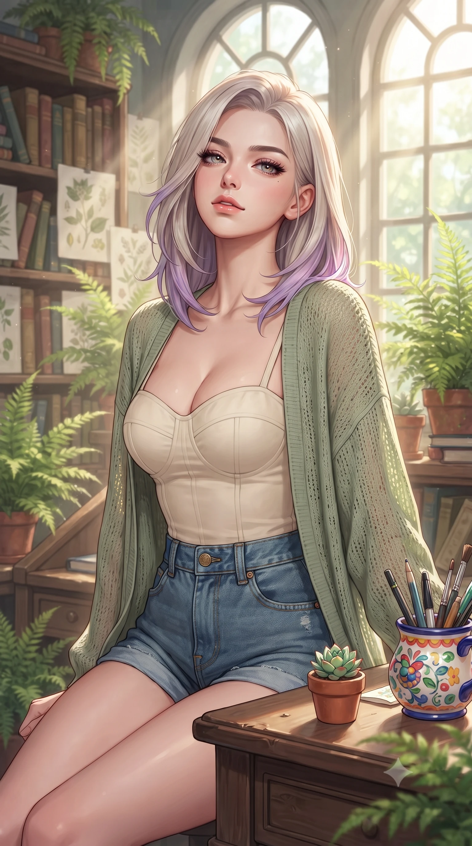 score_9, masterpiece, best quality, ultra-detailed, high-budget anime keyframe, editorial fashion photography, tasteful artistic composition, Caucasian woman. close-up cowboy shot from the waist and thighs up, the character dominates the composition, filling the frame with her large presence, background elements kept in soft focus. tilting her chin up with a composed yet magnetic gaze under long dark eyelashes set against a soft-focus background of at a study desk in a botanical library filled with botanical drawings and potted ferns with a tiny succulent pot and a colorful cup of pens on the desk. She has an exceptionally elegant, slender, and willowy female figure with an ultra-slim waist, a gracefully sculpted slender torso, and a refined silhouette. sharp v-shaped jawline, high-bridge nose, intricate jewel-like eyes with depth, thick eyelashes, glossy lips with a natural sheen. wearing body-hugging tailored cotton bustier top paired with high-waist denim shorts and a light cardigan. bright morning sunbeams slicing through the tall arched windows. highly saturated vibrant anime colors, detailed shading with soft gradients, rich glossy textures, high-contrast stereoscopic depth, volumetric dynamic lighting, master piece, 9:16 ratio