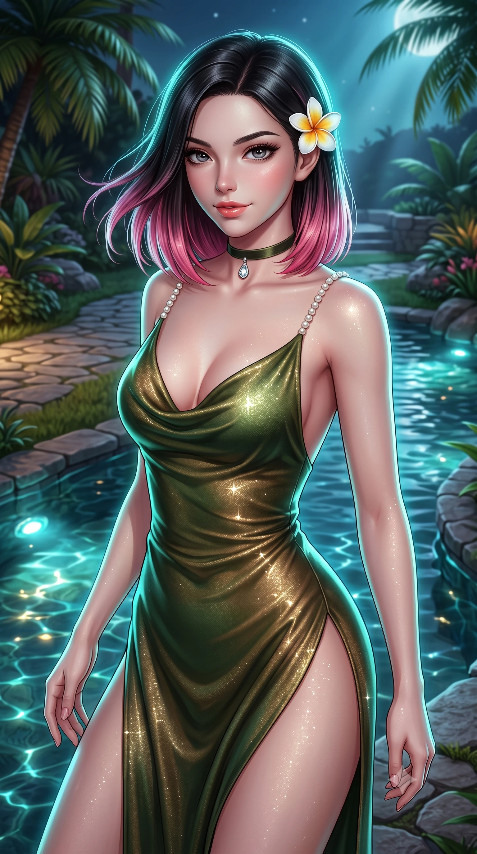 score_9, masterpiece, best quality, ultra-detailed, high-budget anime keyframe, semi-realistic 3D game render, editorial fashion photography, tasteful artistic composition, Korean woman. close-up cowboy shot from the waist and thighs up, the character dominates the composition, filling the frame with her large presence. turning slowly with an enchanting smoldering smile, her glossy hair tossing in the breeze as her hips angle gracefully in a captivating contrapposto while twisting her slender torso in an alluring S-curve, glowing submerged thermal lights and moonbeams tracing her flat midriff and curvy hips. The surrounding environment is rendered in vivid detail and crisp panoramic clarity: detailed plunging cowl-neck liquid silk slip gown cling, frangipani flower tucked behind ear, and organic resort landscaping in high resolution. She has an exceptionally elegant, slender, and willowy female figure with an ultra-slim waist, flat toned midriff, narrow ribcage, and sculpted feminine hips creating an alluring, slim hourglass silhouette without bulk. sharp v-shaped jawline, high-bridge nose, sparkling eyes with hypnotic seductive depth, thick curled eyelashes, glossy parted lips with a natural dewy peach sheen, alluring bedroom-eyes with an enchanting coquettish smile, exuding magnetic siren charisma and sophisticated glamour, flawlessly proportioned anatomical accuracy, strict slender model proportions, natural body alignment, perfectly sculpted long slender limbs, ultra-slim waistline, clean dynamic posture without body distortion. wearing a plunging cowl-neck liquid silk satin sarong slip dress with daring hip-high double slits and pearl shoulder straps in Arashiyama moss green and antique bronze, woven from stretch metallic lurex jersey casting radiant starlight glints across her silhouette, finished with a thin velvet ribbon choker and a single teardrop diamond pendant, the liquid-tight tailored fabric clinging flawlessly to her narrow waist and rounded feminine hips, emphasizing every millimeter of her sculpted slim hourglass curves without any bulky heaviness. illuminated by spring water specular reflections and sharp platinum-turquoise rim lights sculpting her jawline, flat midriff, and curvy hips. highly saturated vibrant anime colors, detailed shading with soft gradients, rich glossy textures, high-contrast stereoscopic depth, volumetric dynamic lighting, master piece, 9:16 ratio