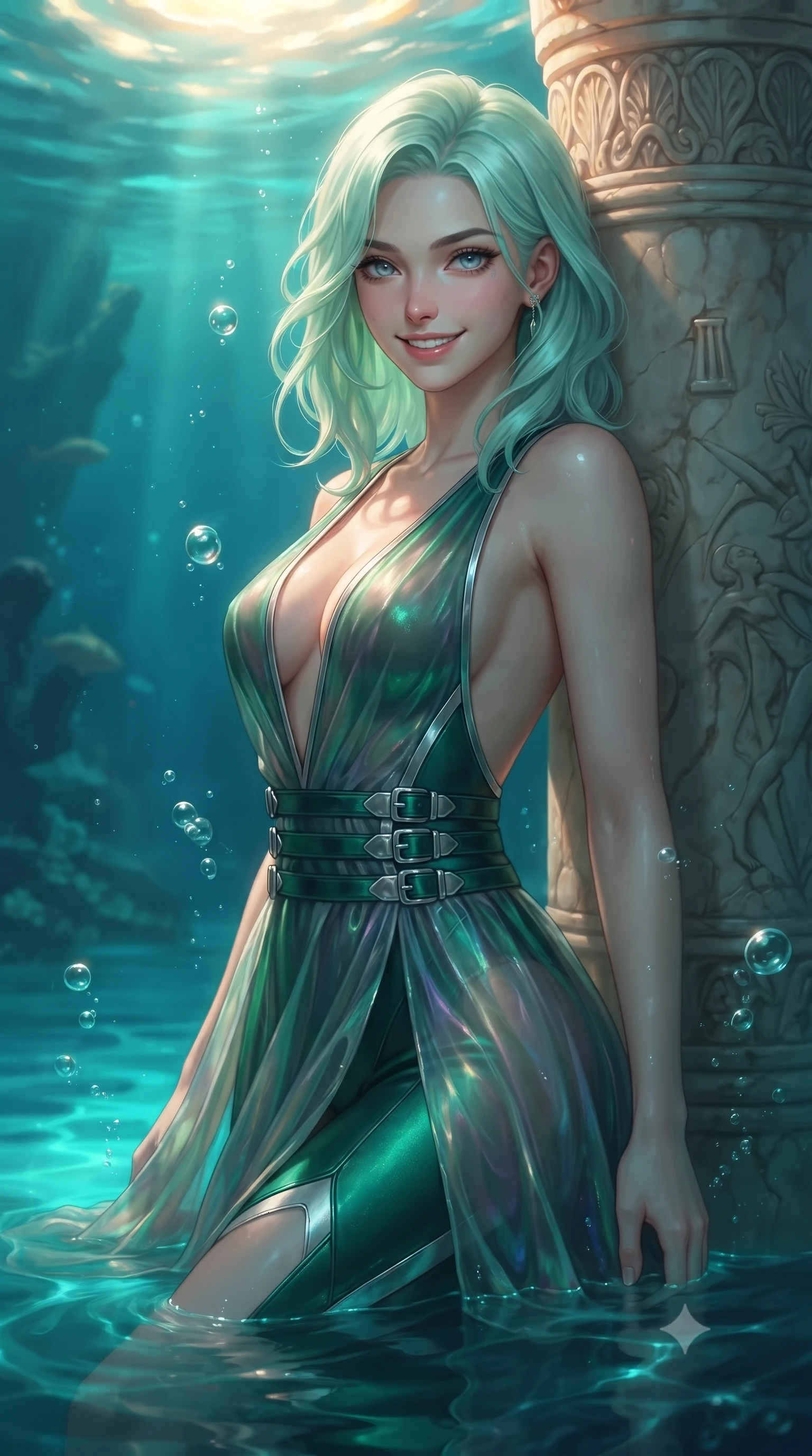 score_9, masterpiece, best quality, ultra-detailed, high-budget anime keyframe, editorial fashion photography, tasteful artistic composition, Japanese woman. close-up cowboy shot from the waist and thighs up, the character dominates the composition, filling the frame with her large presence, background elements kept in soft focus. Smiling with quiet, magnetic self-assurance directly into the lens resting against an antique marble pillar as gentle sea bubbles rise around her, golden sunbeams penetrating deep turquoise water creating caustic light patterns. She has an exceptionally elegant, slender, and willowy female figure with an ultra-slim waist, a gracefully sculpted slender torso, and a refined silhouette. sharp v-shaped jawline, high-bridge nose, intricate jewel-like eyes with depth, thick eyelashes, glossy lips with a natural sheen. wearing a translucent iridescent chiffon gown with a plunging neckline and open back in deep emerald green and silver accent, formed from sleek second-skin neoprene, detailed with polished silver buckles along the waistline, the sleek second-skin texture accentuating her magnetic presence. illuminated by luminous aqua bioluminescence and warm golden top lighting. ultra-reflective glossy finish, specular highlights, metallic sheen, high-contrast stereoscopic depth, volumetric dynamic lighting, 2k, ultra detail, master piece, 9:16 ratio