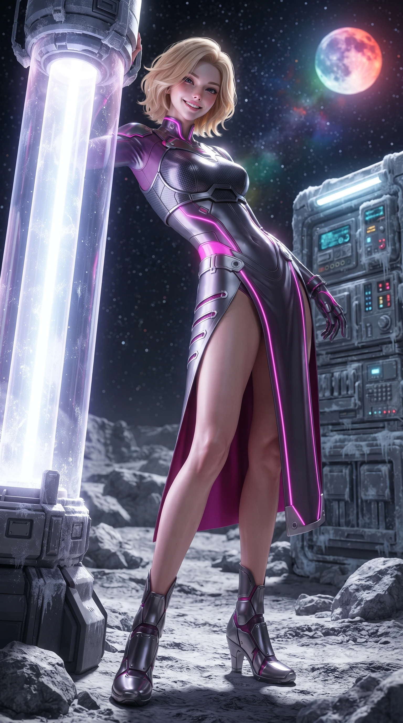 score_9, masterpiece, best quality, ultra-detailed, high-budget anime keyframe, editorial fashion photography, tasteful artistic composition, Caucasian woman. low angle full-body shot from head to toe showing her feet, filling the entire 9:16 vertical frame with her statuesque presence, stretching her vertical silhouette. leaning deep against the glowing energy conduit with hips cocked back in an unapologetically alluring high-fashion stance, flashing a warm beaming smile while twisting her slender torso in an alluring S-curve, cosmic starlight and volcanic moon glows highlighting her narrow waist and curvy hips. The surrounding environment is rendered in vivid detail and crisp panoramic clarity: sharp lunar rock textures, titanium tread track pins, and frost rime on equipment panels in deep focus. She has an absolutely perfect, statuesque 8.5-heads proportion, an exceptionally tall and slender model-like female figure with impossibly long slender legs, an ultra-slim waist, a flat toned midriff, narrow delicate ribcage, and beautifully sculpted feminine hips creating a graceful, slim hourglass silhouette without any bulky heaviness. sharp v-shaped jawline, high-bridge nose, intricate jewel-like sparkling eyes with depth, thick eyelashes, glossy parted lips with a natural sheen, bright confident smile with an enchanting and coquettish sensual glint, exuding both youthful magnetic charm and sovereign high-tech allure, flawlessly proportioned anatomical accuracy, strict slender model proportions, natural body alignment, perfectly sculpted long slender limbs, ultra-slim waistline, clean dynamic posture without body distortion. wearing a cyber-samurai tactical suit featuring a shortened carbon chestplate and high-slit armored wrap skirt in deep titanium gunmetal and radiant magenta neon, made of supple second-skin compression stretch jersey clinging flawlessly to her form, finished with sharp laser-cut side ventilation slits framed by silver hardware rings, the form-contouring cut accentuating her sculpted flat midriff, narrow delicate ribcage, and gracefully curvy hips with cybernetic supermodel precision. illuminated by ground reflections and sharp platinum rim lights defining her slim torso, narrow waist, and curvy hips. ultra-reflective glossy finish, specular highlights, rich textural contrasts, high-contrast stereoscopic depth, volumetric dynamic lighting, 2k, ultra detail, master piece, 9:16 ratio