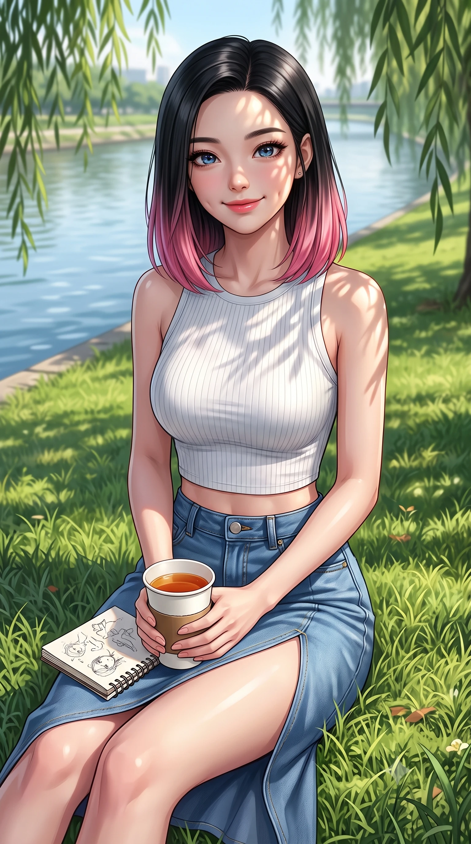 score_9, masterpiece, best quality, ultra-detailed, high-budget anime keyframe, editorial fashion photography, tasteful artistic composition, Korean woman. close-up cowboy shot from the waist and thighs up, the character dominates the composition, filling the frame with her large presence, background elements kept in soft focus. smiling with soft, cute dimples, holding a warm cup of tea with both hands set against a soft-focus background of on a grassy riverside park lawn next to a wide, calm river with a paper cup of warm tea and a small sketchbook on her lap. She has an exceptionally elegant, slender, and willowy female figure with an ultra-slim waist, a gracefully sculpted slender torso, and a refined silhouette. sharp v-shaped jawline, high-bridge nose, intricate jewel-like eyes with depth, thick eyelashes, glossy lips with a natural sheen. wearing form-contouring stylish crop top paired with a high-slit denim midi skirt. dappled sunlight filtering through the weeping willow leaves onto her face. ultra-reflective glossy finish, specular highlights, metallic sheen, high-contrast stereoscopic depth, volumetric dynamic lighting, 2k, ultra detail, master piece, 9:16 ratio