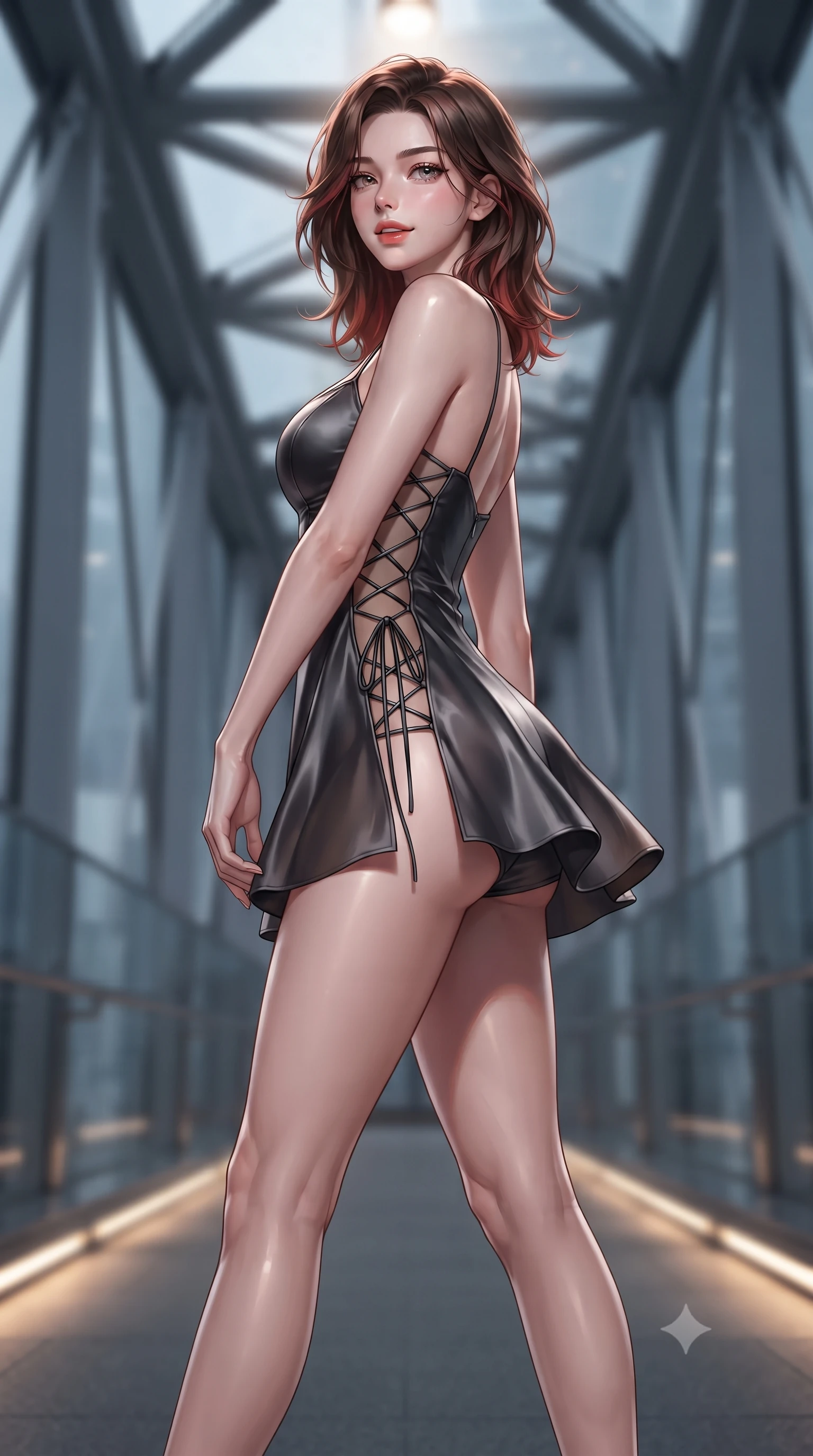 score_9, masterpiece, best quality, ultra-detailed, high-budget anime keyframe, editorial fashion photography, tasteful artistic composition, Korean woman. low angle full-body shot from head to toe showing her feet, filling the entire 9:16 vertical frame with her statuesque presence, stretching her vertical silhouette. executing a slow, graceful pivot turn as her skirt sways around her slender legs, glancing back with an enchanting, teasing sensual expression while twisting her slender torso in an alluring contrapposto stance, skyscraper spotlight beams tracing her narrow waist, flat midriff, and hips. The background shows a soft-focus suspended cable truss supports softened in high-altitude architectural shallow focus. She has an absolutely perfect, statuesque 8.5-heads proportion, an exceptionally tall and slender model-like female figure with impossibly long slender legs, an ultra-slim waist, a flat toned midriff, narrow delicate ribcage, and beautifully sculpted feminine hips creating a graceful, slim hourglass silhouette without any bulky heaviness. sharp v-shaped jawline, high-bridge nose, sparkling eyes with hypnotic seductive depth, thick curled eyelashes, glossy parted lips with a natural dewy peach sheen, alluring bedroom-eyes with an enchanting coquettish smile, exuding magnetic siren charisma and sophisticated glamour, flawlessly proportioned anatomical accuracy, strict slender model proportions, natural body alignment, perfectly sculpted long slender limbs, ultra-slim waistline, clean dynamic posture without body distortion. wearing a deep sweetheart-neckline matte-carbon bodycon romper with sheer side-torso cutouts accentuating her hourglass curves in pure pearl alabaster with liquid platinum sheen, crafted from fluid liquid silk satin that clings smoothly to every curve with a dewy sheen, finished with fine criss-cross lace-up side ties revealing tantalizing glimpses of her hip curve, the precision-cut side openings and low-back scoop framing her graceful spine and the sensual sweep of her slim, toned hips. bathed in cool ambient storm light mixed with warm floor LED lighting strips along the skybridge walkway. ultra-reflective glossy finish, specular highlights, rich textural contrasts, high-contrast stereoscopic depth, volumetric dynamic lighting, 2k, ultra detail, master piece, 9:16 ratio