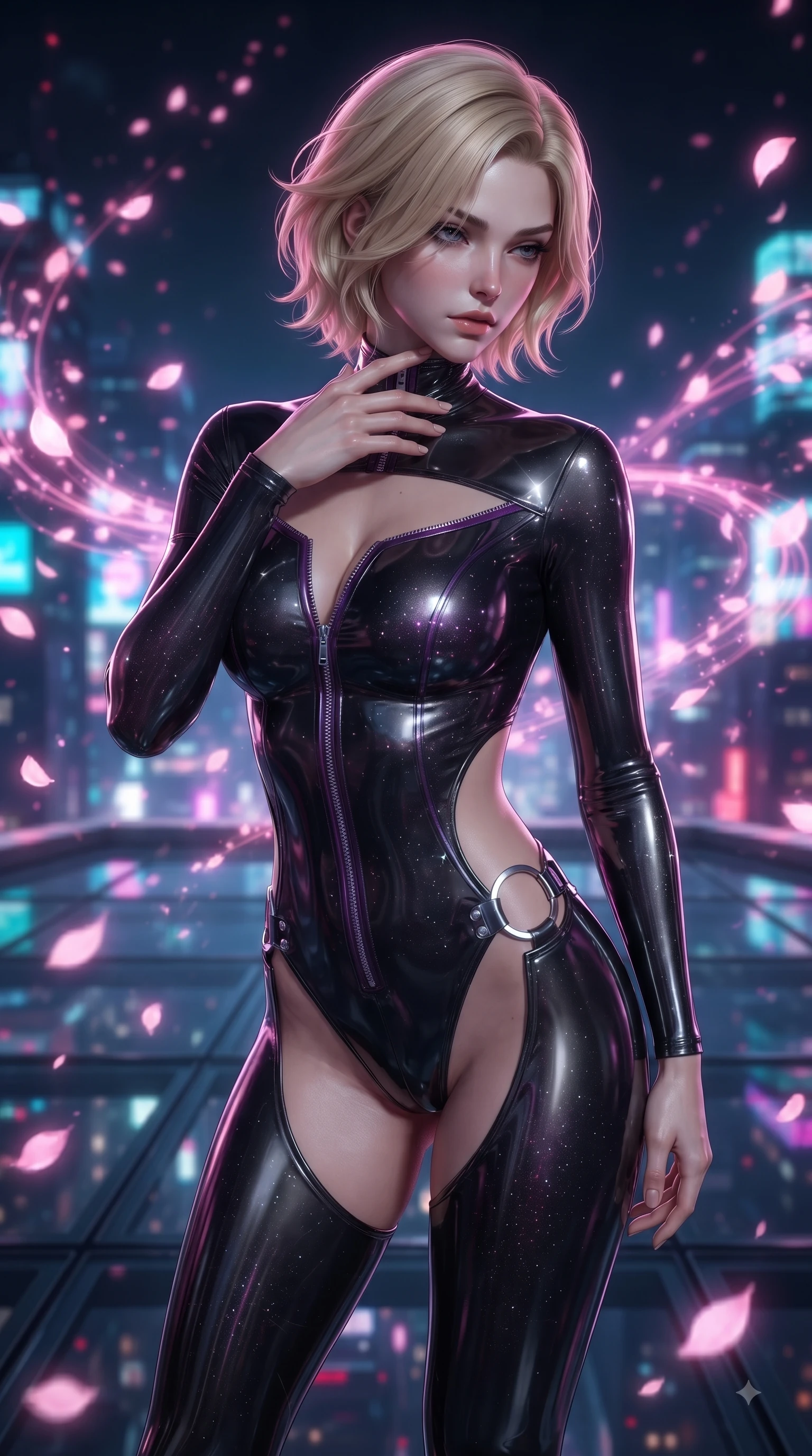 score_9, masterpiece, best quality, ultra-detailed, high-budget anime keyframe, editorial fashion photography, tasteful artistic composition, Caucasian woman. close-up cowboy shot from the waist and thighs up, the character dominates the composition, filling the frame with her large presence. resting her fingers lightly against her throat while looking down with a smoldering, haughty yet intensely captivating glance while pivoting dramatically on a glass rooftop helipad as glowing pink sakura petals swirl across the city night. The composition keeps background elements in soft focus with creamy bokeh. twinkling cyberpunk city lights and glowing sakura petal trails blurred into vibrant neon bokeh. She has an exceptionally elegant, slender, and willowy female figure with an ultra-slim waist, a gracefully sculpted slender torso, and a refined silhouette. sharp v-shaped jawline, high-bridge nose, intricate jewel-like eyes with depth, thick eyelashes, glossy lips with a natural sheen, flawlessly proportioned anatomical accuracy, natural body alignment, perfectly sculpted elegant limbs, clean dynamic posture without body distortion. wearing a glossy black second-skin latex bodysuit with high-thigh cuts, exposed clavicle neckline, and gleaming zipper details in dark amethyst purple and shimmering starlight silver, tailored from semi-translucent cybernetic vinyl with glowing micro-filaments, detailed with polished silver rings connecting the daring side-waist cutouts, the sleek aerodynamic cut emphasizing her magnetic presence and alluring physical grace. surrounded by a dizzying, windswept, and exhilarating high-altitude sensual aura. ultra-reflective glossy finish, specular highlights, metallic sheen, high-contrast stereoscopic depth, volumetric dynamic lighting, 2k, ultra detail, master piece, 9:16 ratio
