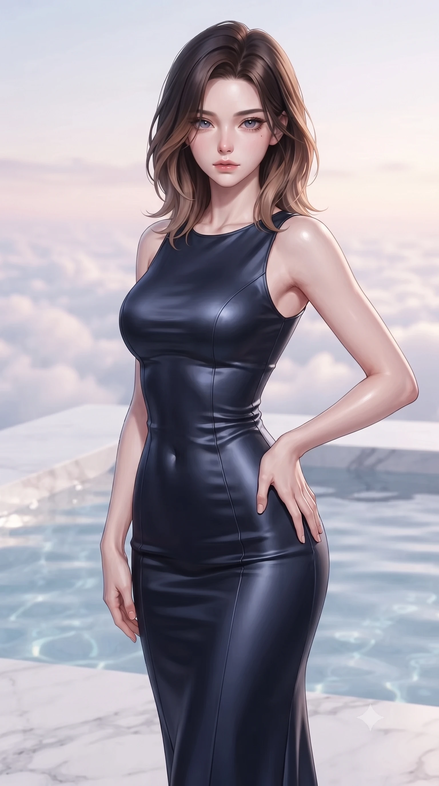 score_9, masterpiece, best quality, ultra-detailed, high-budget anime keyframe, editorial fashion photography, tasteful artistic composition, Korean woman woman. close-up cowboy shot from the waist and thighs up, the character dominates the composition, filling the frame with her large presence, background elements kept in soft focus. She has an exceptionally elegant, slender, and willowy female figure with an ultra-slim waist, a gracefully sculpted slender torso, and a refined silhouette. casting a slow, direct gaze beneath heavy lashes with magnetic intensity, flawlessly proportioned anatomical accuracy, natural body alignment, perfectly sculpted elegant limbs, clean dynamic posture without body distortion. set against a soft-focus background of a white marble terrace pool above a sea of clouds. wearing a sleek midnight navy silk column dress with form-contouring tailored seams. bathed in soft pastel dawn light reflecting off clear water onto her refined features. ultra-reflective glossy finish, specular highlights, metallic sheen, high-contrast stereoscopic depth, volumetric dynamic lighting, 2k, ultra detail, master piece, 9:16 ratio