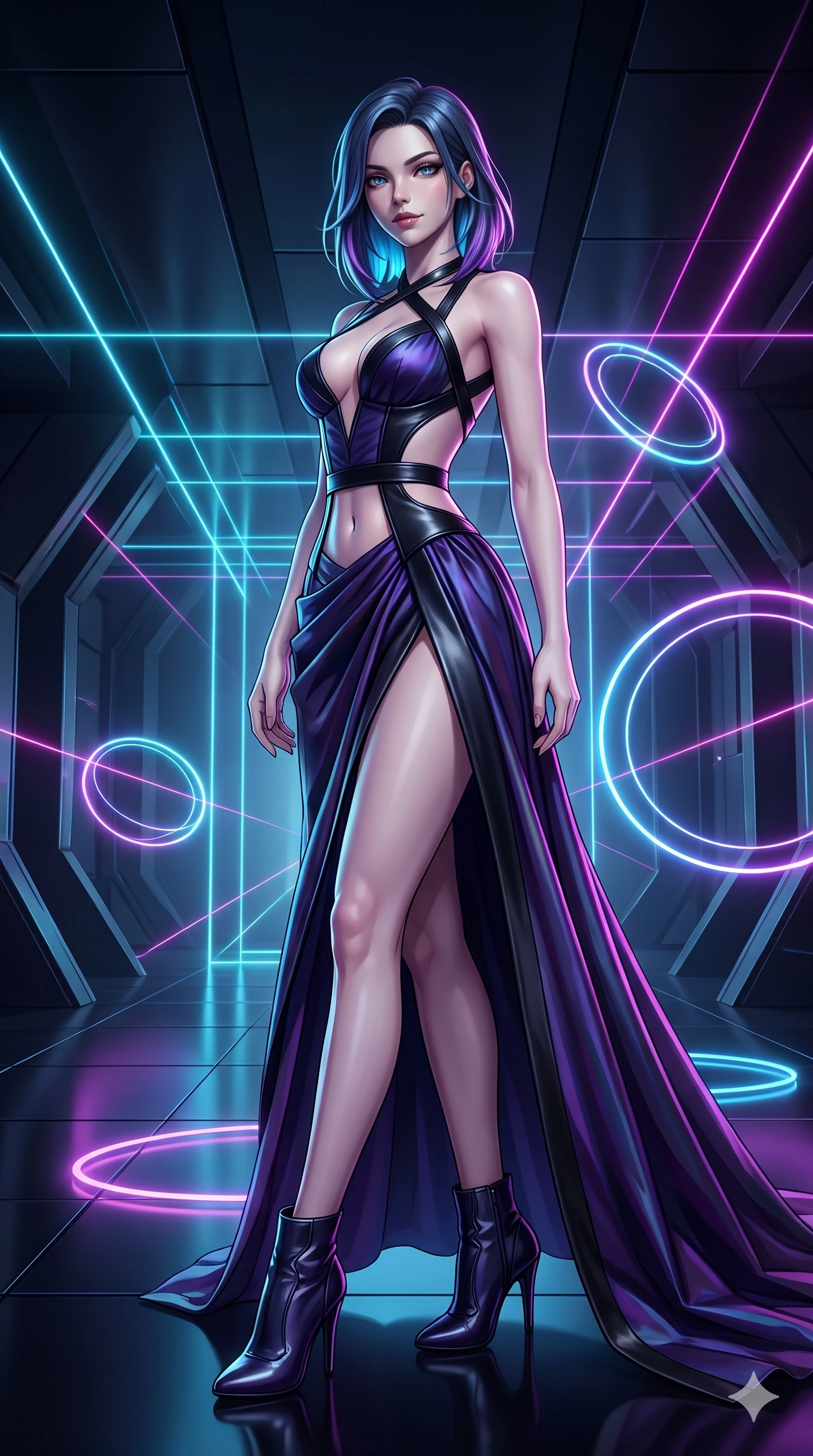 score_9, masterpiece, best quality, ultra-detailed, high-budget anime keyframe, semi-realistic 3D game render, editorial fashion photography, tasteful artistic composition, Caucasian woman. low angle full-body shot from head to toe showing her feet, filling the entire 9:16 vertical frame with her statuesque presence, stretching her vertical silhouette. poised on the dark reflective floor while laser grids scan the room, her statuesque silhouette commanding the frame while twisting her slender torso in an alluring contrapposto stance, floating geometric neon rings reflecting across her flat midriff and hips. The surrounding environment is rendered in vivid detail and crisp panoramic clarity: sharp planar obsidian slab edges, illuminated laser grid vector lines, and metallic floating ring textures in deep focus. She has an absolutely perfect, statuesque 8.5-heads proportion, an exceptionally tall and slender model-like female figure with impossibly long slender legs, an ultra-slim waist, a flat toned midriff, narrow delicate ribcage, and beautifully sculpted feminine hips creating a graceful, slim hourglass silhouette without any bulky heaviness. sharp v-shaped jawline, high-bridge nose, intricate jewel-like dark sparkling eyes with hypnotic seductive depth, thick curled eyelashes, glossy parted lips with a natural wine sheen, alluring bedroom-eyes with an enigmatic smoldering smile, exuding magnetic sovereign charisma and dark avant-garde glamour, flawlessly proportioned anatomical accuracy, strict slender model proportions, natural body alignment, perfectly sculpted long slender limbs, ultra-slim waistline, clean dynamic posture without body distortion. wearing a low-cut gothic structured bodice gown with high leg slit in iridescent dark violet taffeta and midnight indigo, made of supple butter-soft lambskin leather with a subtle satin sheen, featuring an open-back criss-cross harness strap in patent black leather, the bespoke structured tailoring following the natural line of her 8.5-heads silhouette with refined elegance. illuminated by floating neon grid upward bounce and sharp ultraviolet rim lights defining her razor-sharp jawline, narrow waist, and curvy hips. highly saturated vibrant anime colors, detailed shading with soft gradients, rich glossy textures, high-contrast stereoscopic depth, volumetric dynamic lighting, master piece, 9:16 ratio