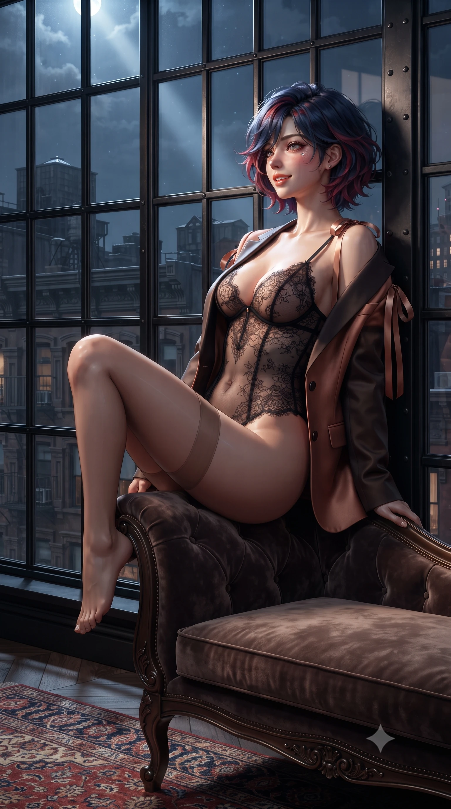 score_9, masterpiece, best quality, ultra-detailed, high-budget anime keyframe, editorial fashion photography, tasteful artistic composition, Korean woman. close-up cowboy shot from the waist and thighs up, the character dominates the composition, filling the frame with her large presence. perched sideways on the lounge seat, one knee drawn up to showcase her slender leg line while her arched back accentuates her feminine hip curve while leaning against the black steel window grid with hips cocked back, looking out over Cast Iron District rooftops with bedroom-eyes. The surrounding environment is rendered in vivid detail and crisp panoramic clarity: sharp black steel sash window mullions, antique Persian wool rug knots, and greenhouse glass structural ribs in deep focus. She has an exceptionally elegant, slender, and willowy female figure with an ultra-slim waist, flat toned midriff, narrow ribcage, and sculpted feminine hips creating an alluring, slim hourglass silhouette without bulk. sharp v-shaped jawline, high-bridge nose, intricate jewel-like sparkling eyes with depth, thick eyelashes, glossy parted lips with a natural peach sheen, bright cheerful beaming smile with an enchanting and coquettish sensual glint, exuding both youthful cute charm and seductive allure, flawlessly proportioned anatomical accuracy, strict slender model proportions, natural body alignment, perfectly sculpted long slender limbs, ultra-slim waistline, clean dynamic posture without body distortion. wearing a delicate sheer French Chantilly lace teddy layered under an open tailored tuxedo blazer draped over bare shoulders in Tribeca warm copper rose and espresso charcoal, woven from fine semi-opaque stretch illusion mesh tracing her slender contours, finished with satin ribbon ties at the shoulders fluttering in the gentle breeze, the glove-like clinging cut tightly following the natural contour of her hips and long slender legs with youthful 8.5-heads elegance. illuminated by skylight moonbeam bounce and sharp champagne-gold rim lights defining her jawline, flat midriff, and feminine hips. ultra-reflective glossy finish, specular highlights, rich textural contrasts, high-contrast stereoscopic depth, volumetric dynamic lighting, 2k, ultra detail, master piece, 9:16 ratio