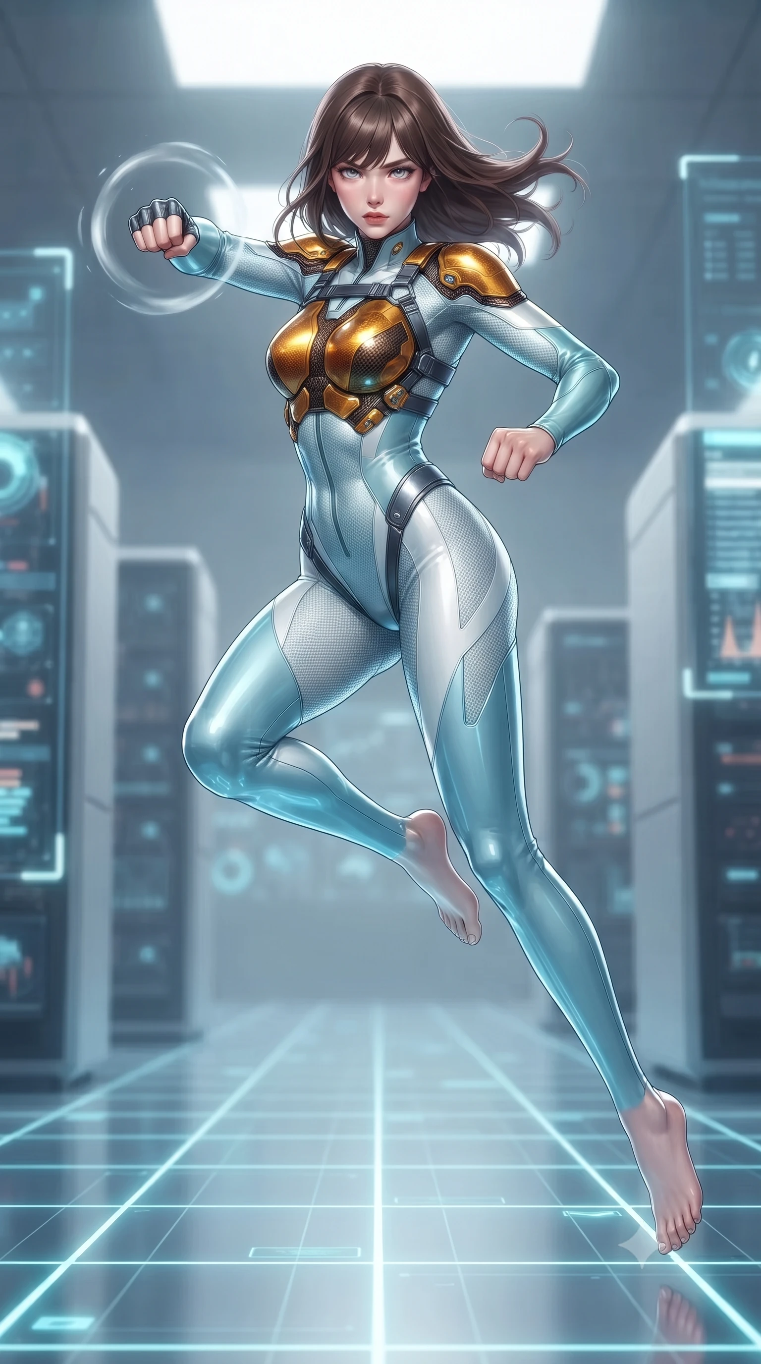 score_9, masterpiece, best quality, ultra-detailed, high-budget anime keyframe, editorial fashion photography, tasteful artistic composition, Korean woman. low angle full-body shot from head to toe showing her feet, filling the entire 9:16 vertical frame with her statuesque presence, stretching her vertical silhouette. leaping into mid-air with an athletic yet alluring arch of her spine, driving a downward kinetic strike surrounded by a ring of displaced air while shifting at supersonic speed across a glowing quantum grid floor, leaving translucent holographic after-images in her wake. The composition keeps background elements in soft focus with creamy bokeh. supercomputer processor towers and holographic interface walls softened in dreamy atmospheric depth. She has an absolutely perfect, statuesque 8.5-heads proportion, an exceptionally tall and slender model-like female figure with impossibly long slender legs, a toned flat midriff, and an ultra-slim waist. sharp v-shaped jawline, high-bridge nose, intricate jewel-like eyes with depth, thick eyelashes, glossy lips with a natural sheen, flawlessly proportioned anatomical accuracy, strict slender model proportions, natural body alignment, perfectly sculpted long slender limbs, ultra-slim waistline, clean dynamic posture without body distortion. wearing an ultra-sleek glacial-cyan and white carbon-mesh combat bodysuit with frost-resistant kinetic shock-absorber plating in molten amber-gold carbon cuirass with dark titanium weave, made of lightweight aerodynamic carbon-titanium alloy with polished edge bevels, reinforced by a sleek titanium kinetic harness and glowing micro-energy straps, the sleek second-skin cut tightly hugging her graceful clavicle, narrow waist, and feminine curves with athletic precision. illuminated by sharp specular highlights tracing her ultra-slim waist, long legs, and sculpted collarbones. ultra-reflective glossy finish, specular highlights, dark metallic sheen, high-contrast stereoscopic depth, volumetric dynamic lighting, 2k, ultra detail, master piece, 9:16 ratio