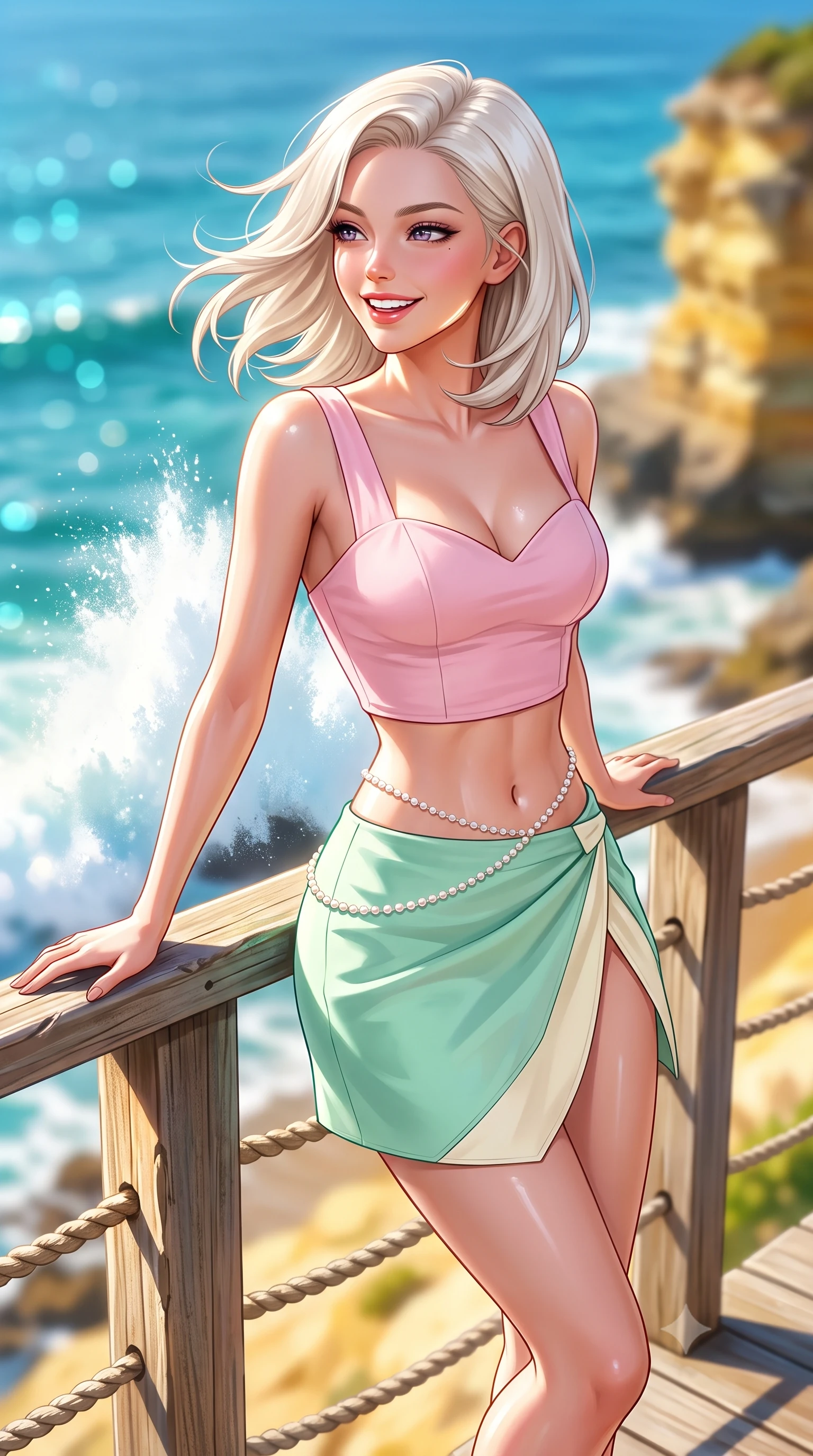 score_9, masterpiece, best quality, ultra-detailed, high-budget anime keyframe, semi-realistic 3D game render, editorial fashion photography, tasteful artistic composition, Caucasian woman. close-up cowboy shot from the waist and thighs up, the character dominates the composition, filling the frame with her large presence. leaning back against the sunlit railing with relaxed seductive grace, her flat midriff and narrow waist highlighted as she smiles brightly with bewitching eyes while turning in an alluring dancer S-curve as ocean trade winds whip her hair, gazing toward crashing white surf with parted glossy lips. The composition keeps background elements in soft focus with dreamy creamy bokeh. glittering turquoise Bondi ocean waters, white breaking surf, and yellow sandstone cliffs blurred into cyan, sapphire, and gold bokeh. She has an exceptionally elegant, slender, and willowy female figure with an ultra-slim waist, flat toned midriff, narrow ribcage, and sculpted feminine hips creating an alluring, slim hourglass silhouette without bulk. sharp v-shaped jawline, high-bridge nose, intricate jewel-like sparkling eyes with depth, thick eyelashes, glossy parted lips with a natural peach sheen, bright cheerful beaming smile with an enchanting and coquettish sensual glint, exuding both youthful cute charm and seductive allure, flawlessly proportioned anatomical accuracy, strict slender model proportions, natural body alignment, perfectly sculpted long slender limbs, ultra-slim waistline, clean dynamic posture without body distortion. wearing a sweetheart-neckline baby-pink crop top with a high-slit wrap mini skirt accentuating her waist-to-hip curve in refreshing mint green and soft vanilla cream, tailored from crisp cotton poplin with clean structural lines, accented with a dainty pearl waist chain catching the ambient sunlight, the form-fitting cut adhering flawlessly to her sculpted flat midriff and slender torso, emphasizing her long leg lines and perfectly proportioned willowy build. illuminated by intense specular sea reflections sharply carving her razor-sharp jawline, narrow waist, and curvy hips. highly saturated vibrant anime colors, detailed shading with soft gradients, rich glossy textures, high-contrast stereoscopic depth, volumetric dynamic lighting, master piece, 9:16 ratio