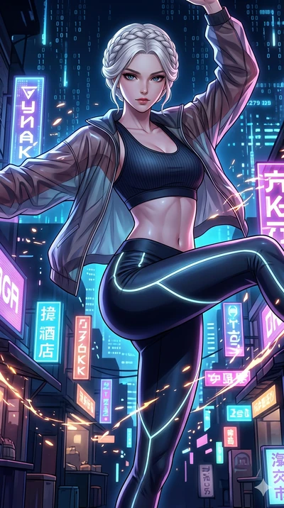 score_9, masterpiece, best quality, ultra-detailed, Set A: High-budget Anime Keyframe, Korean woman. Upper body close-up from the thighs up, character filling the screen for maximum presence. Dancing through a futuristic night market, while a digital