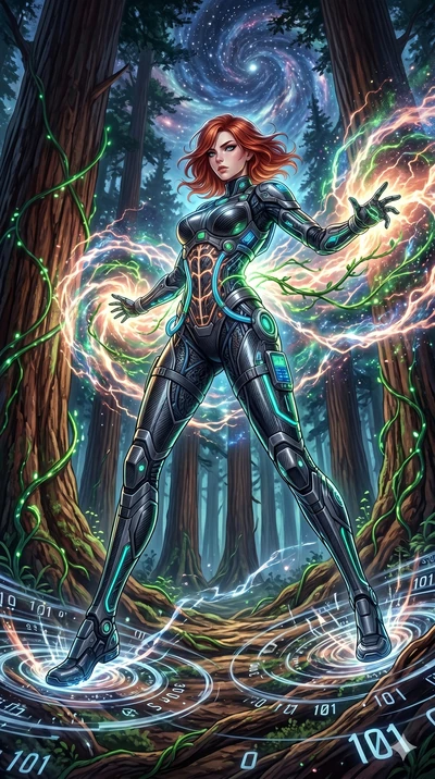 score_9, masterpiece, best quality, ultra-detailed, Set A: High-budget Anime Keyframe, Caucasian (human ears) woman. Low angle cowboy shot filling the entire 9:16 frame with her statuesque presence. Theme: Primal Nature. unleashing a massive energy w