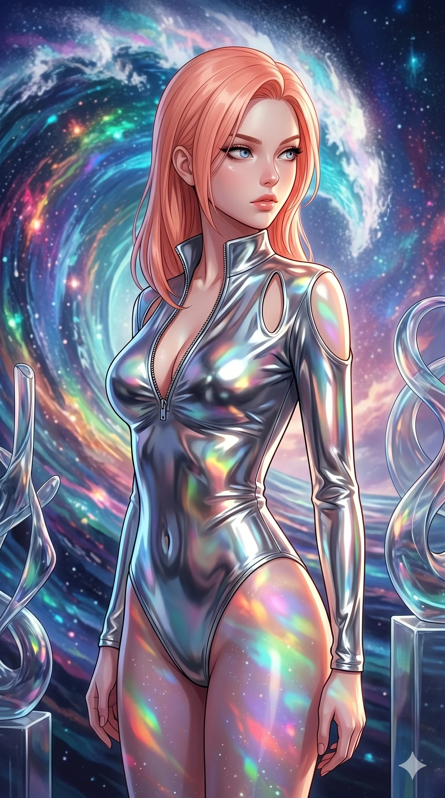 score_9, masterpiece, best quality, ultra-detailed, high-budget anime keyframe, editorial fashion photography, tasteful artistic composition, Japanese woman. Upper body close-up from the thighs up, character filling the screen for maximum presence. She is standing in front of a giant digital painting of a cosmic wave, with abstract glass sculptures around. She poses elegantly, glancing sideways with a piercing gaze. She has an absolutely perfect 8-heads proportion, an exceptionally tall and slender female figure with impossibly long slender legs and an ultra-slim waist. V-shaped jawline, high-bridge nose, intricate jewel-like eyes with depth, thick eyelashes, glossy lips with a natural sheen. She is wearing a form-fitting top made of molten liquid-mercury fabric that clings to her curves, with strategic tear-drop shoulder cutouts and a dangerously unzipped front collar. The scene is bathed in vibrant projections from the digital painting and a sharp white side key light. 2k, ultra detail, master piece, 9:16 ratio