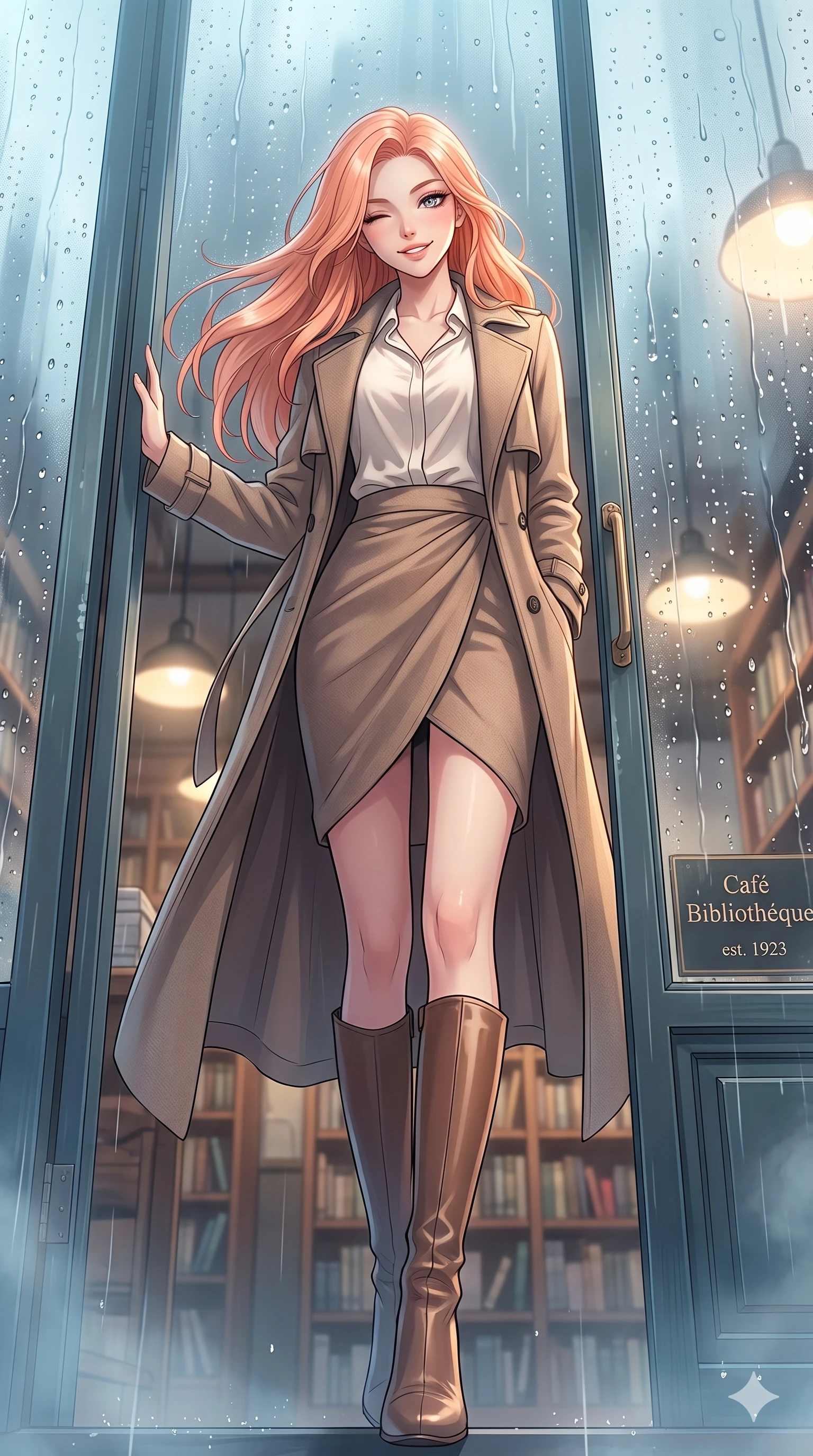 score_9, masterpiece, best quality, ultra-detailed, high-budget anime keyframe, vibrant anime aesthetic, Japanese woman. low angle full-body shot from head to toe showing her feet, filling the entire 9:16 vertical frame with her statuesque presence, stretching her vertical silhouette. She is peering through a rain-streaked window, winking with a playful grin, gazing softly at the camera lens surrounded by fresh morning mist. inside a cozy bookstore cafe with warm reading lights, facing a glass wall covered in fresh rain droplets (Code-P22-028). She has an absolutely perfect 8-heads proportion, an exceptionally tall and slender female figure with impossibly long slender legs and an ultra-slim waist. V-shaped jawline, high-bridge nose, intricate jewel-like eyes with depth, thick eyelashes, glossy lips with a natural sheen. wearing a long wool coat over a chic blouse and a matching wrap skirt with stylish boots. She is drenched in soft daylight filtering through rain-streaked glass panels, highlighting her V-shaped jawline during a refreshing sun shower. 2k, ultra detail, master piece, 9:16 ratio
