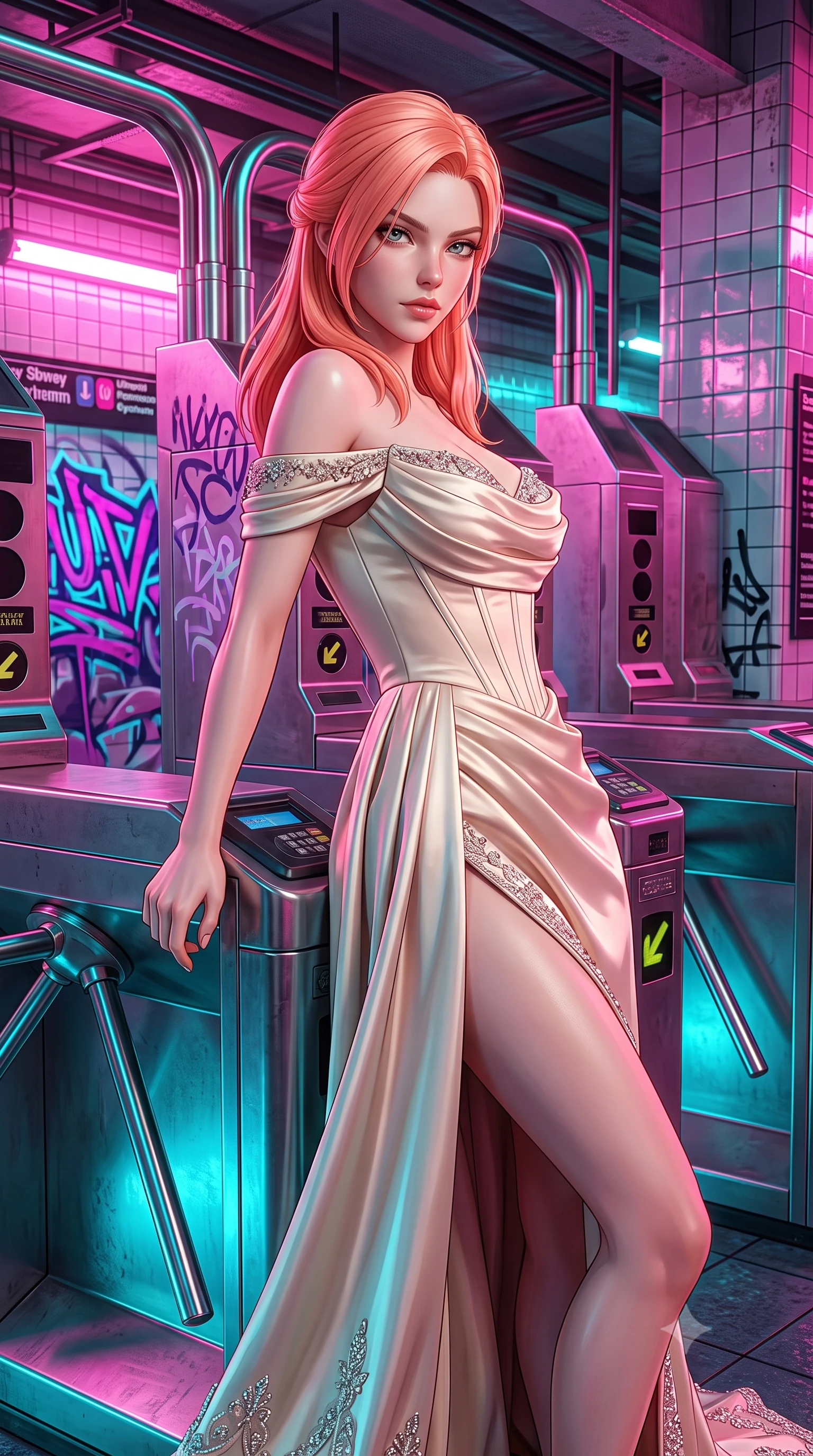score_9, masterpiece, best quality, ultra-detailed, high-budget anime keyframe, semi-realistic 3D game render, editorial fashion photography, tasteful artistic composition, Japanese woman. close-up cowboy shot from the waist and thighs up, the character dominates the composition, filling the frame with her large presence. turning over her shoulder with an indomitable, smoldering gaze, her soft hair framing her razor-sharp v-shaped jawline while leaning against a retro-futuristic metallic subway turnstile with a fierce, rebellious streetwear smirk. The surrounding environment is rendered in vivid detail and crisp panoramic clarity. intricate ultraviolet graffiti lettering, reflective tiled walls, and metallic turnstile textures in deep focus. She has an exceptionally elegant, slender, and willowy female figure with an ultra-slim waist, a gracefully sculpted slender torso, toned flat midriff, and a refined slim silhouette. sharp v-shaped jawline, high-bridge nose, intricate jewel-like eyes with depth, thick eyelashes, glossy lips with a natural sheen, captivating and magnetic expression, flawlessly proportioned anatomical accuracy, strict slender model proportions, natural body alignment, perfectly sculpted long slender limbs, ultra-slim waistline, clean dynamic posture without body distortion. wearing a statuesque off-shoulder champagne satin gala dress featuring a thigh-high side slit and draped corset bodice in champagne ivory and rose gold, tailored from ultra-smooth duchess satin with a pearlescent sheen, finished with delicate crystal embroidery along the neckline and hem edition #20, the breezy yet form-flattering drape swaying gracefully with her steps, accentuating her long willowy limbs and slim waistline. bathed in high-contrast dual lighting of neon pink floodlights and electric cyan underlights. highly saturated vibrant anime colors, detailed shading with soft gradients, rich glossy textures, high-contrast stereoscopic depth, volumetric dynamic lighting, master piece, 9:16 ratio