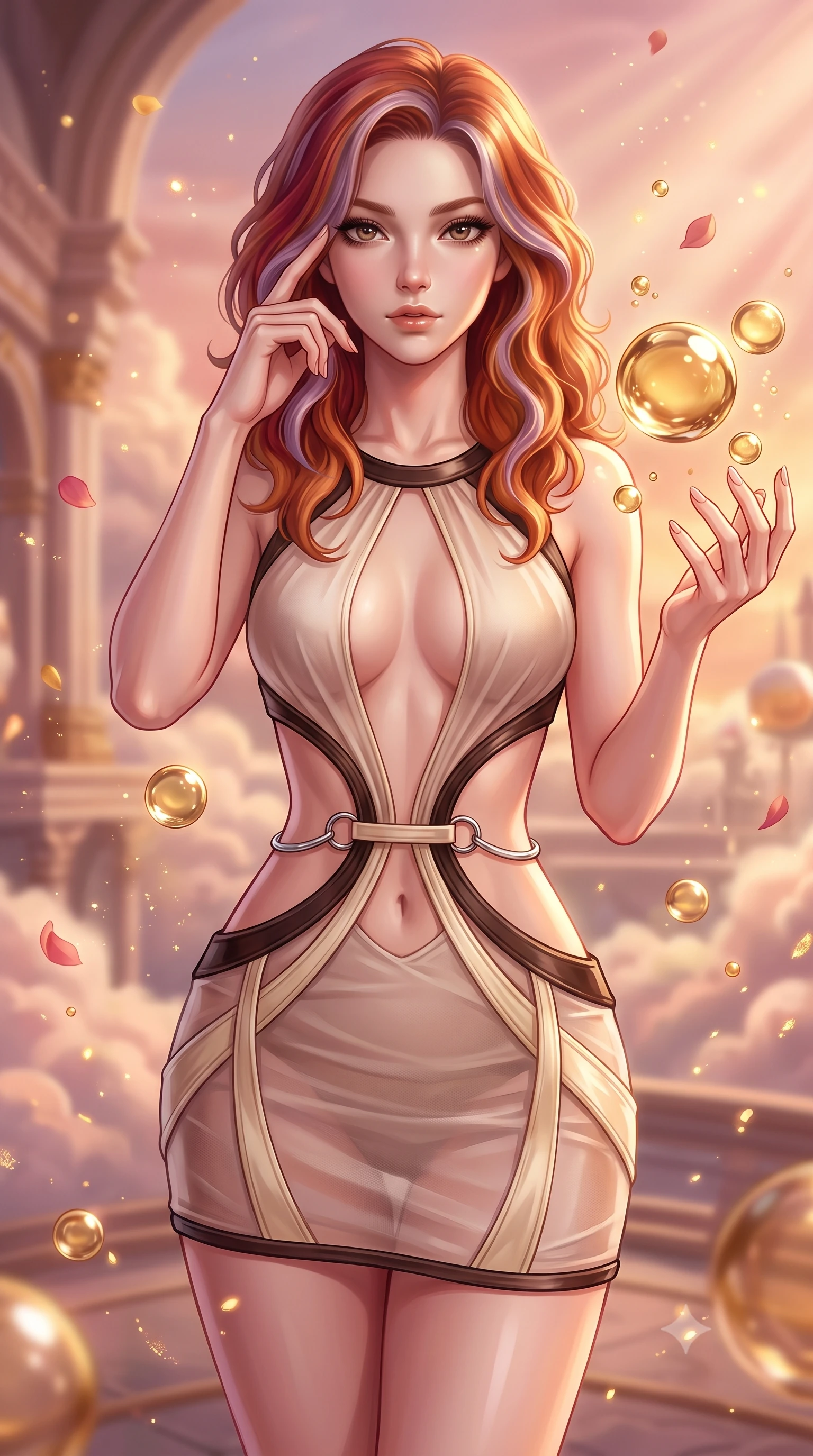 score_9, masterpiece, best quality, ultra-detailed, high-budget anime keyframe, editorial fashion photography, tasteful artistic composition, Caucasian woman. close-up cowboy shot from the waist and thighs up, the character dominates the composition, filling the frame with her large presence, background elements kept in soft focus. Pressing two fingers to her temple in a composed thoughtful gesture with an air of magnetic charisma interacting with floating golden water Orbs in a cloudtop palace court, floating rose petals and golden dust motes sparkling in the air. She has an exceptionally elegant, slender, and willowy female figure with an ultra-slim waist, a gracefully sculpted slender torso, and a refined silhouette. sharp v-shaped jawline, high-bridge nose, intricate jewel-like eyes with depth, thick eyelashes, glossy lips with a natural sheen. wearing a dramatic open-waist cutout mini dress framed by sculptural hardware in espresso brown and warm cream, woven from fine semi-opaque sheer organza, accented with delicate chrome ring hardware framing her waist, the form-contouring material highlighting her ultra-slim waist and long lines. bathed in glorious golden hour sunbeams and warm rose-gold ambient light. highly saturated vibrant anime colors, detailed shading with soft gradients, rich glossy textures, high-contrast stereoscopic depth, volumetric dynamic lighting, master piece, 9:16 ratio