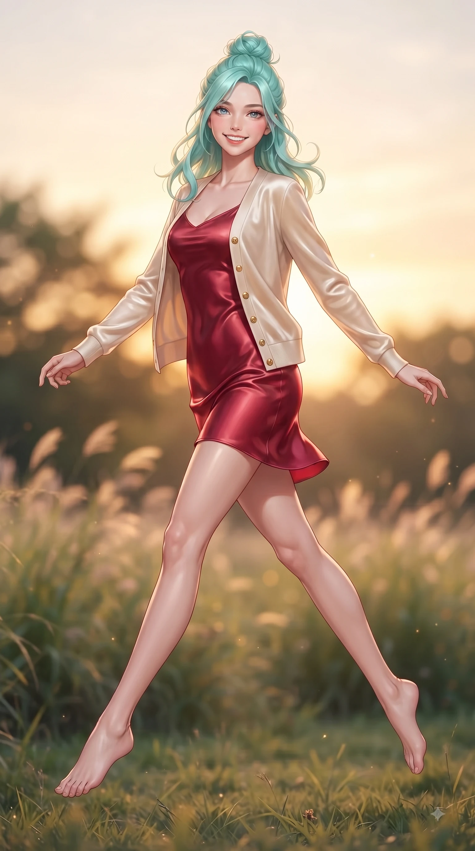 score_9, masterpiece, best quality, ultra-detailed, high-budget anime keyframe, editorial fashion photography, tasteful artistic composition, Japanese woman. low angle full-body shot from head to toe showing her feet, filling the entire 9:16 vertical frame with her statuesque presence, stretching her vertical silhouette. leaping with pure youthful energy through the scene with a radiant bright smile, her long slender legs balanced gracefully while resting on her knees on the grass as warm sunset rays illuminate her radiant beauty. The composition keeps background elements in soft focus with dreamy bokeh. swaying park grasses and sunset sky gradients softened in dreamy background focus. She has an absolutely perfect, statuesque 8.5-heads proportion, an exceptionally tall and slender model-like female figure with impossibly long slender legs and an ultra-slim waist. sharp v-shaped jawline, high-bridge nose, intricate jewel-like eyes with depth, thick eyelashes, glossy lips with a natural sheen, flawlessly proportioned anatomical accuracy, natural body alignment, perfectly sculpted elegant limbs, clean dynamic posture without body distortion. wearing a glossy satin slip dress layered under a soft cashmere cardigan in vivid crimson red and champagne cream, made of lustrous stretch velvet, adorned with delicate gold buttons along the front, the glove-like fit emphasizing her statuesque silhouette during motion. illuminated by soft glowing sunset reflections with cheerful golden rim lights. ultra-reflective glossy finish, specular highlights, metallic sheen, high-contrast stereoscopic depth, volumetric dynamic lighting, 2k, ultra detail, master piece, 9:16 ratio