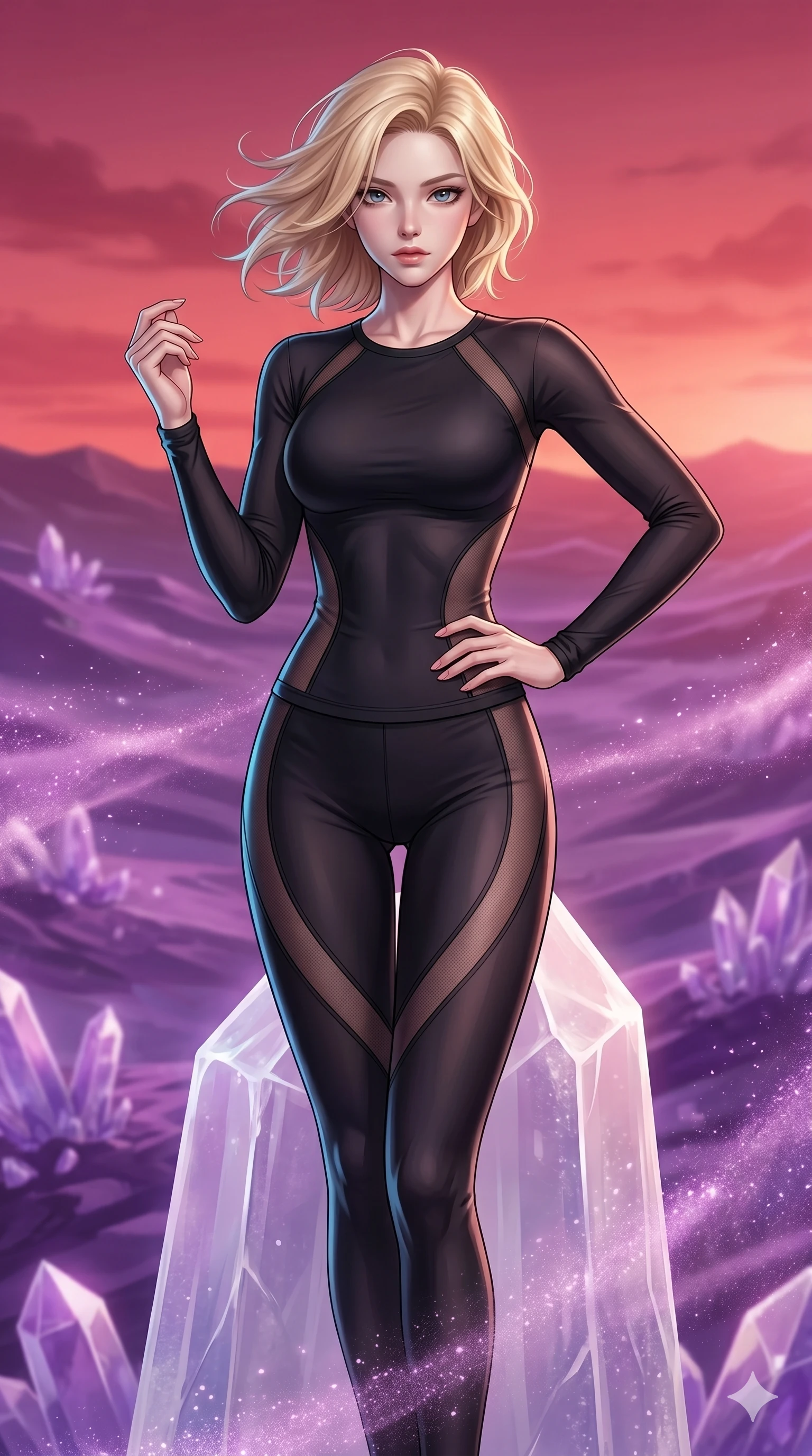 score_9, masterpiece, best quality, ultra-detailed, high-budget anime keyframe, Korean woman. upper body close-up from the thighs up, character filling the screen for maximum presence. standing atop a transparent salt crystal tower in a purple crystalline desert as winds blow shimmering purple dust under a crimson sunset. She has an absolutely perfect 8-heads proportion, an exceptionally tall and slender female figure with impossibly long slender legs and an ultra-slim waist. V-shaped jawline, high-bridge nose, intricate jewel-like eyes with depth, thick eyelashes, glossy lips with a natural sheen.. wearing a sheer mesh athleisure set, featuring a tight matte black top and leggings with semi-opaque mesh panels tracing the curves of her waist and thighs. lit by a soft glowing ambient light and a sharp side key light that traces the sleek contours of her athletic build. 2k, ultra detail, master piece, 9:16 ratio