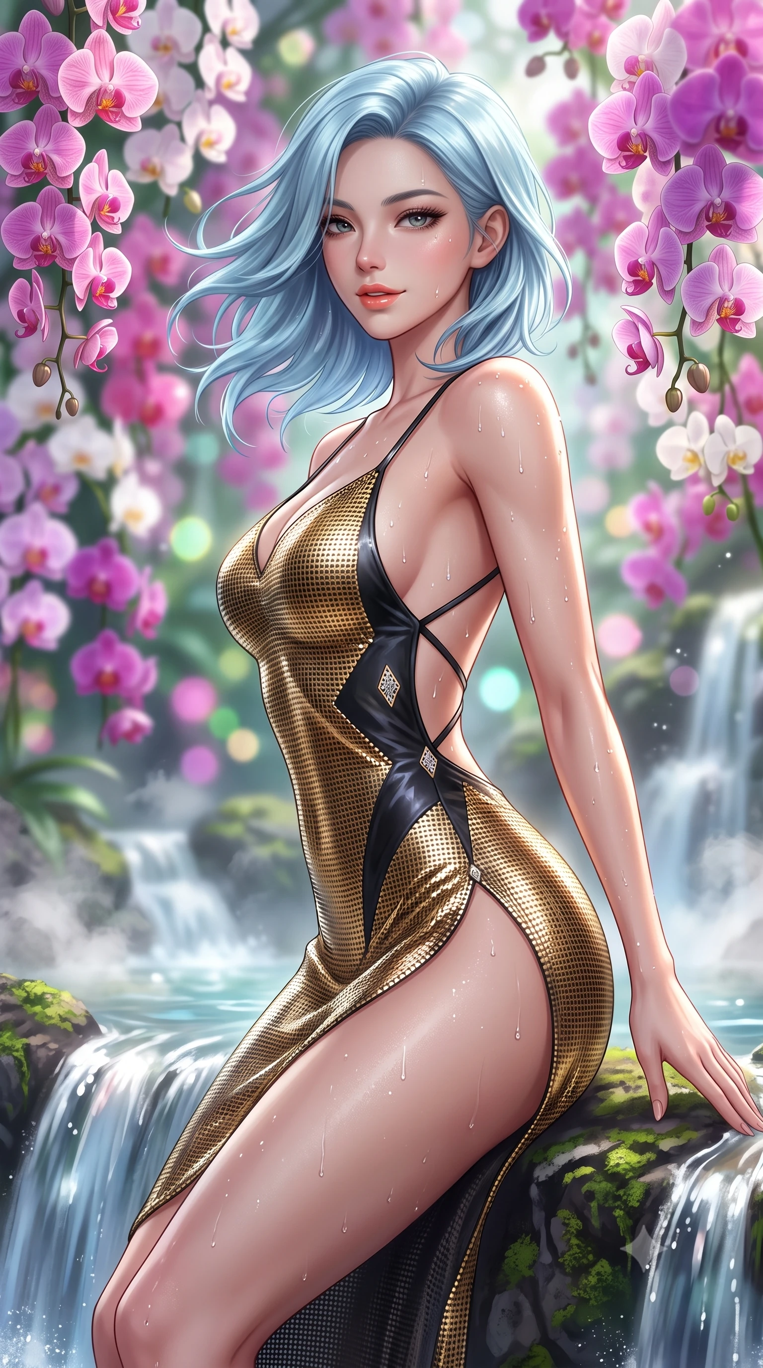score_9, masterpiece, best quality, ultra-detailed, high-budget anime keyframe, semi-realistic 3D game render, editorial fashion photography, tasteful artistic composition, Korean woman. close-up cowboy shot from the waist and thighs up, the character dominates the composition, filling the frame with her large presence. turning slowly with an enchanting smoldering smile, her glossy hair tossing in the breeze as her hips angle gracefully in a captivating contrapposto while sitting perched on the mossy volcanic rock rim beside the falling water, arching her back with enchanting wet-look siren charm. The background shows a soft-focus hundreds of hanging pink, purple, and white phalaenopsis orchids, bubbling waterfalls, and rising steam blurred into magenta, emerald, and opal bokeh. She has an exceptionally elegant, slender, and willowy female figure with an ultra-slim waist, flat toned midriff, narrow ribcage, and sculpted feminine hips creating an alluring, slim hourglass silhouette without bulk. sharp v-shaped jawline, high-bridge nose, sparkling eyes with hypnotic seductive depth, thick curled eyelashes, glossy parted lips with a natural dewy peach sheen, alluring bedroom-eyes with an enchanting coquettish smile, exuding magnetic siren charisma and sophisticated glamour, flawlessly proportioned anatomical accuracy, strict slender model proportions, natural body alignment, perfectly sculpted long slender limbs, ultra-slim waistline, clean dynamic posture without body distortion. wearing a form-contouring metallic lamé slip dress clinging like a second skin with hip-high side slits and open criss-cross back in liquid gold chainmail and midnight obsidian black with diamond accents, made of semi-opaque stretch illusion mesh with soft shadowy contours, complemented by glistening drops of moisture beading across her sculpted shoulders and flat midriff, the high-slit wrap tailoring accentuating her ultra-slim waistline and the enchanting curve of her feminine hips with alluring seductive charm. bathed in diffused tropical greenhouse sunlight mixed with pool water caustic bounce. highly saturated vibrant anime colors, detailed shading with soft gradients, rich glossy textures, high-contrast stereoscopic depth, volumetric dynamic lighting, master piece, 9:16 ratio