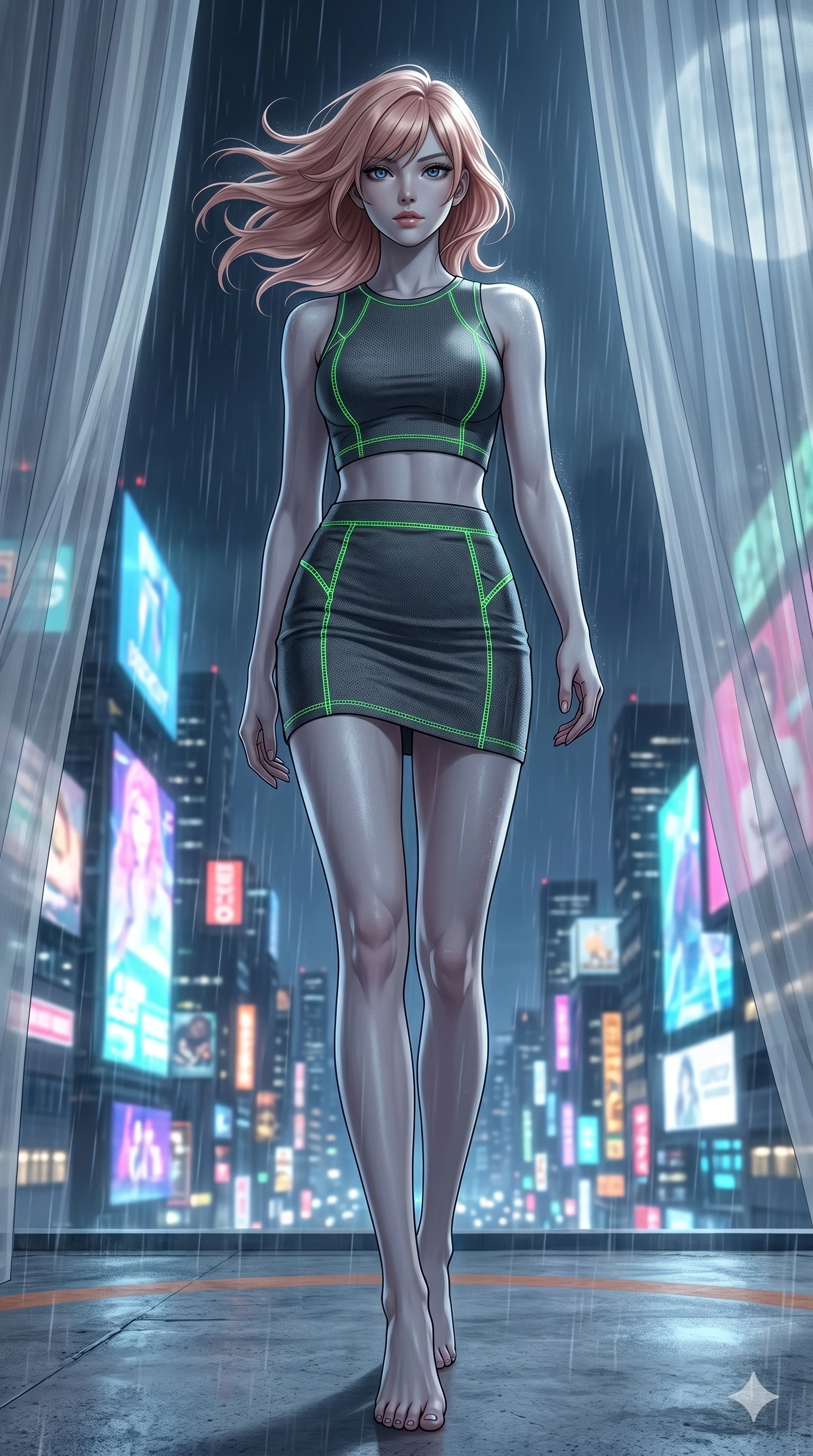 score_9, masterpiece, best quality, ultra-detailed, high-budget anime keyframe, editorial fashion photography, tasteful artistic composition, Japanese woman. low angle full-body shot from head to toe showing her feet, filling the entire 9:16 vertical frame with her statuesque presence, stretching her vertical silhouette. Walking in slow-motion with dramatic hair movement behind her atop a high-rise helipad overlooking a rainy cyber-city illuminated by giant video billboards. She has an absolutely perfect 8-heads proportion, an exceptionally tall and slender female figure with impossibly long slender legs and an ultra-slim waist. V-shaped jawline, high-bridge nose, intricate jewel-like eyes with depth, thick eyelashes, glossy lips with a natural sheen. wearing a fitted crop top and matching mini skirt in charcoal grey tech-knit, featuring glowing neon-green flatlock stitching along all seams. bathed in cold silver moonlight filtered through translucent gossamer curtains casting soft shadows on her curves. 2k, ultra detail, master piece, 9:16 ratio