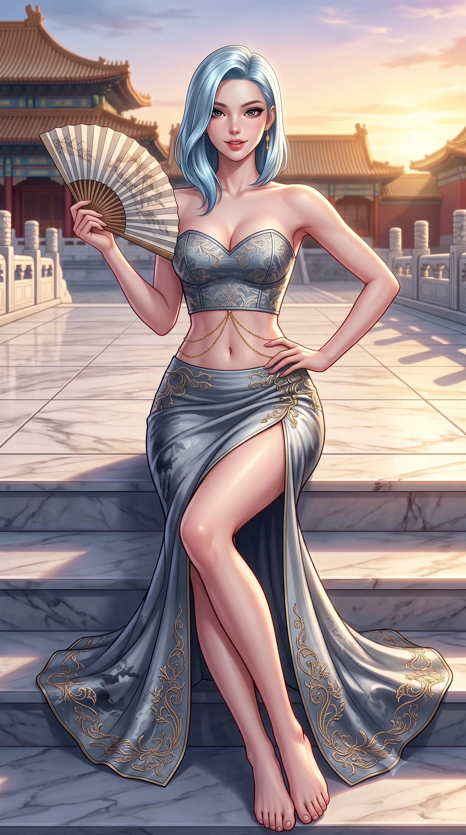 score_9, masterpiece, best quality, ultra-detailed, high-budget anime keyframe, semi-realistic 3D game render, editorial fashion photography, tasteful artistic composition, Korean woman. close-up cowboy shot from the waist and thighs up, the character dominates the composition, filling the frame with her large presence. twisting her slender torso in an alluring contrapposto stance, one hand resting on her sculpted hip while holding a traditional silk folding fan with effortless poise while lounging gracefully on the wide marble terrace steps with legs extended, her tailored high-slit gown commanding the monumental historic plaza. The surrounding environment is rendered in vivid detail and crisp panoramic clarity: detailed gold-threaded silk gown sheen, jewelry gleam, and classical Chinese imperial architecture in high resolution. She has an exceptionally elegant, slender, and willowy female figure with an ultra-slim waist, flat toned midriff, narrow ribcage, and sculpted feminine hips creating an alluring, slim hourglass silhouette without bulk. sharp v-shaped jawline, high-bridge nose, intricate jewel-like dark sparkling almond eyes with depth, thick lashes, glossy parted lips with a natural rose-plum sheen, bright alluring and coquettish smile with bedroom-eyes, exuding both timeless oriental elegance and sovereign high-fashion allure, flawlessly proportioned anatomical accuracy, strict slender model proportions, natural body alignment, perfectly sculpted long slender limbs, ultra-slim waistline, clean dynamic posture without body distortion. wearing a sweetheart-neckline oriental jacquard bustier top paired with a curve-hugging high-slit mermaid maxi skirt in misty ink-wash slate grey and liquid silver, tailored from fine crisp cotton-linen with clean structural lines, accented with a delicate gold body chain draping loosely across her flat midriff, the liquid-tight tailored silk fabric clinging flawlessly to her narrow waist and rounded feminine hips, emphasizing every millimeter of her sculpted slim hourglass curves without any bulky heaviness. bathed in dramatic twilight golden hour light streaming horizontally across the vast marble plaza. highly saturated vibrant anime colors, detailed shading with soft gradients, rich glossy textures, high-contrast stereoscopic depth, volumetric dynamic lighting, master piece, 9:16 ratio