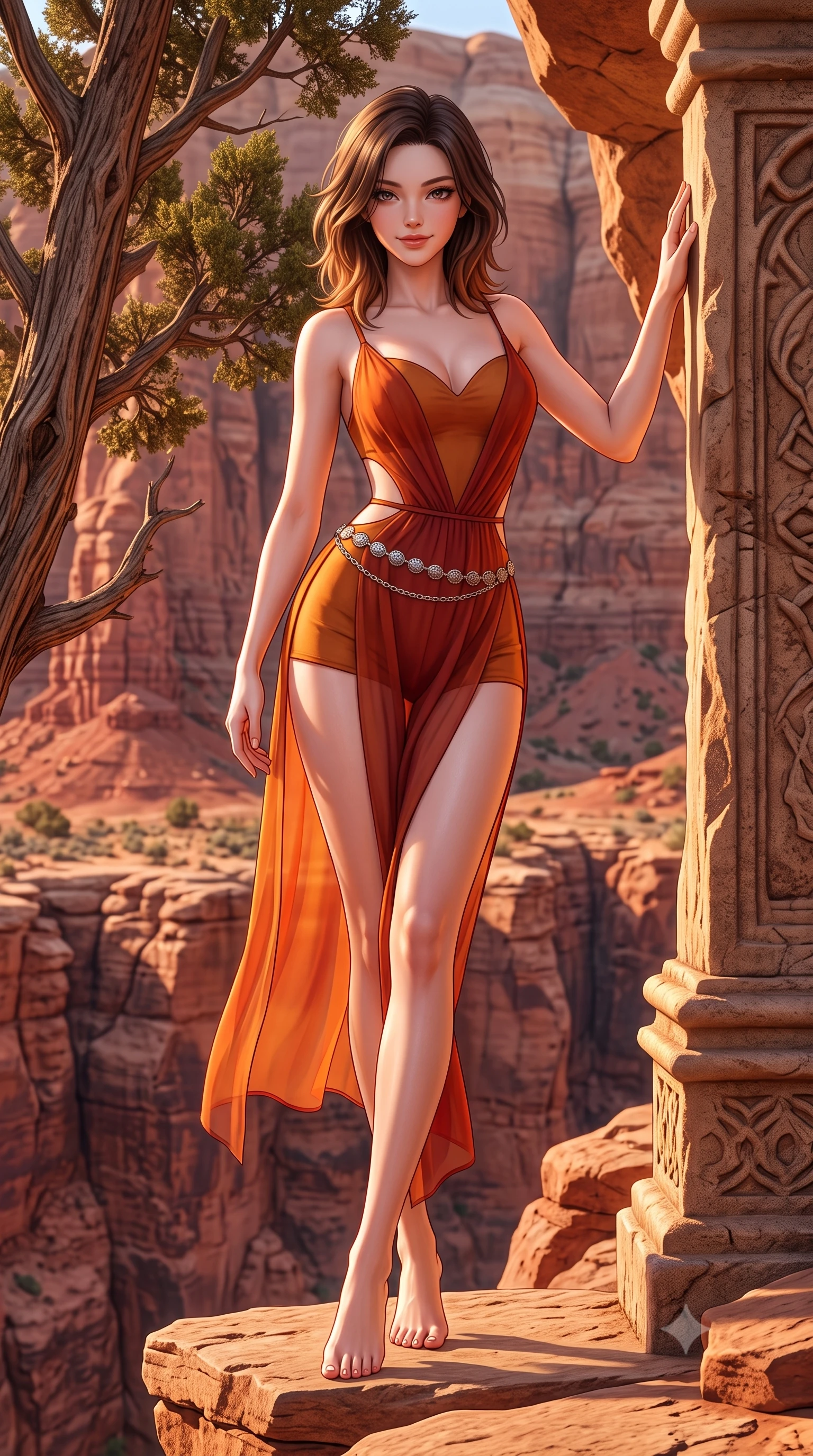 score_9, masterpiece, best quality, ultra-detailed, high-budget anime keyframe, semi-realistic 3D game render, editorial fashion photography, tasteful artistic composition, Korean woman. low angle full-body shot from head to toe showing her feet, filling the entire 9:16 vertical frame with her statuesque presence, stretching her vertical silhouette. standing tall beside the architectural column, one hand resting high while arching her lower back to emphasize her sculpted feminine hips and slender waist while lounging on the flat rock shelf with legs dangling gracefully over the canyon edge, displaying her long slender limbs with athletic poise. The surrounding environment is rendered in vivid detail and crisp panoramic clarity: sharp red sandstone rock grain, juniper tree bark, and canyon cliff relief in deep focus. She has an absolutely perfect, statuesque 8.5-heads proportion, an exceptionally tall and slender model-like female figure with impossibly long slender legs, an ultra-slim waist, a flat toned midriff, narrow delicate ribcage, and beautifully sculpted feminine hips creating a graceful, slim hourglass silhouette without any bulky heaviness. sharp v-shaped jawline, high-bridge nose, sparkling eyes with hypnotic seductive depth, thick curled eyelashes, glossy parted lips with a natural dewy peach sheen, alluring bedroom-eyes with an enchanting coquettish smile, exuding magnetic siren charisma and sophisticated glamour, flawlessly proportioned anatomical accuracy, strict slender model proportions, natural body alignment, perfectly sculpted long slender limbs, ultra-slim waistline, clean dynamic posture without body distortion. wearing a deep sweetheart-neckline buckskin bodycon romper with side-hip cutouts accentuating her hourglass curves in blazing desert sunset orange and deep canyon crimson, made of sheer gossamer chiffon that drapes softly against skin with airy translucence, accented with an intricate silver concho waist chain resting loosely on her curvy hips, the high-slit wrap tailoring accentuating her ultra-slim waistline and the enchanting curve of her feminine hips with alluring seductive charm. illuminated by sandstone reflection fill and sharp warm-amber rim lights sculpting her jawline, narrow waist, and voluptuous hip curves. highly saturated vibrant anime colors, detailed shading with soft gradients, rich glossy textures, high-contrast stereoscopic depth, volumetric dynamic lighting, master piece, 9:16 ratio