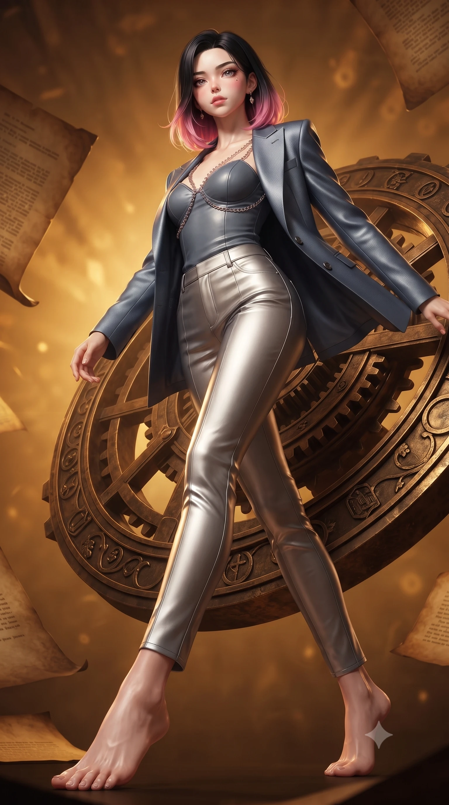 score_9, masterpiece, best quality, ultra-detailed, high-budget anime keyframe, editorial fashion photography, tasteful artistic composition, Korean woman. low angle full-body shot from head to toe showing her feet, filling the entire 9:16 vertical frame with her statuesque presence, stretching her vertical silhouette. forging dynamically through the scene, her vertical silhouette beautifully stretched resting against a floating bronze time gear in a warm golden dimension, warm antique paper and bronze textures bathed in rich chiaroscuro. She has an absolutely perfect, statuesque 8.5-heads proportion, an exceptionally tall and slender model-like female figure with impossibly long slender legs and an ultra-slim waist. sharp v-shaped jawline, high-bridge nose, intricate jewel-like eyes with depth, thick eyelashes, glossy lips with a natural sheen. wearing a tailored silk blazer over a form-contouring top and fitted slacks in slate blue and metallic silver, made of fine carbon-fiber weave and soft matte leather, adorned with delicate metallic chain straps along the neckline, the elegant draped fit framing her graceful clavicle and slender torso. bathed in rich amber temporal glow and warm golden backlighting. ultra-reflective glossy finish, specular highlights, metallic sheen, high-contrast stereoscopic depth, volumetric dynamic lighting, 2k, ultra detail, master piece, 9:16 ratio