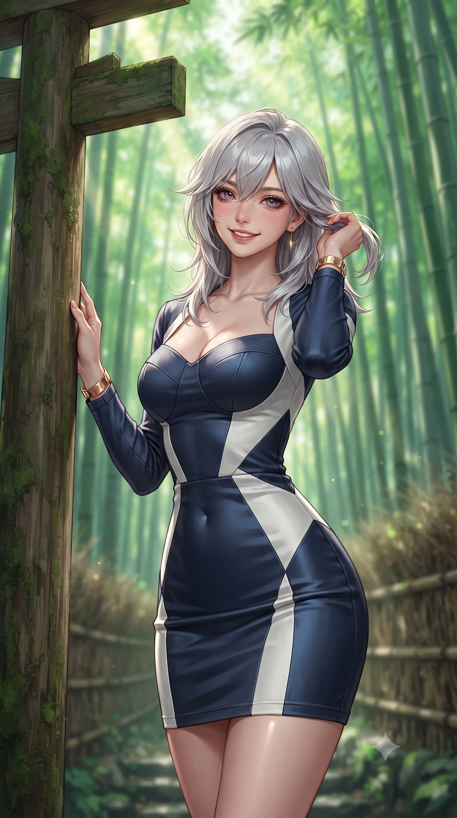 score_9, masterpiece, best quality, ultra-detailed, high-budget anime keyframe, editorial fashion photography, tasteful artistic composition, Japanese woman. close-up cowboy shot from the waist and thighs up, the character dominates the composition, filling the frame with her large presence. gently brushing a lock of hair behind her ear while casting a playful, flirtatious side-gaze with long eyelashes while pausing beside a weathered wooden torii gate entrance, one hand resting on the cedar post with timeless Kyoto charm. The background shows a soft-focus soaring green bamboo culms stretching toward the canopy, filtered sunbeams (komorebi), and woven bamboo fences blurred into emerald, chartreuse, and jade bokeh. She has an exceptionally elegant, slender, and willowy female figure with an ultra-slim waist, flat toned midriff, narrow ribcage, and sculpted feminine hips creating an alluring, slim hourglass silhouette without bulk. sharp v-shaped jawline, high-bridge nose, intricate jewel-like sparkling eyes with depth, thick eyelashes, glossy parted lips with a natural peach sheen, bright cheerful beaming smile with an enchanting and coquettish sensual glint, exuding both youthful cute charm and seductive allure, flawlessly proportioned anatomical accuracy, strict slender model proportions, natural body alignment, perfectly sculpted long slender limbs, ultra-slim waistline, clean dynamic posture without body distortion. wearing a sculpted sweetheart-neckline knit bodycon dress with long fitted sleeves and an ultra-snug bodice in French navy blue and crisp alabaster white, crafted from lustrous liquid satin crepe that drapes in body-clinging ripples catching ambient lights, accented with delicate golden wrist cuffs reflecting warm chandelier light, the form-contouring silhouette accentuating her sculpted flat midriff, narrow delicate ribcage, and gracefully curvy hips with intoxicating allure. bathed in ethereal shafts of morning sunlight (komorebi) piercing through dense emerald bamboo canopies. ultra-reflective glossy finish, specular highlights, rich textural contrasts, high-contrast stereoscopic depth, volumetric dynamic lighting, 2k, ultra detail, master piece, 9:16 ratio
