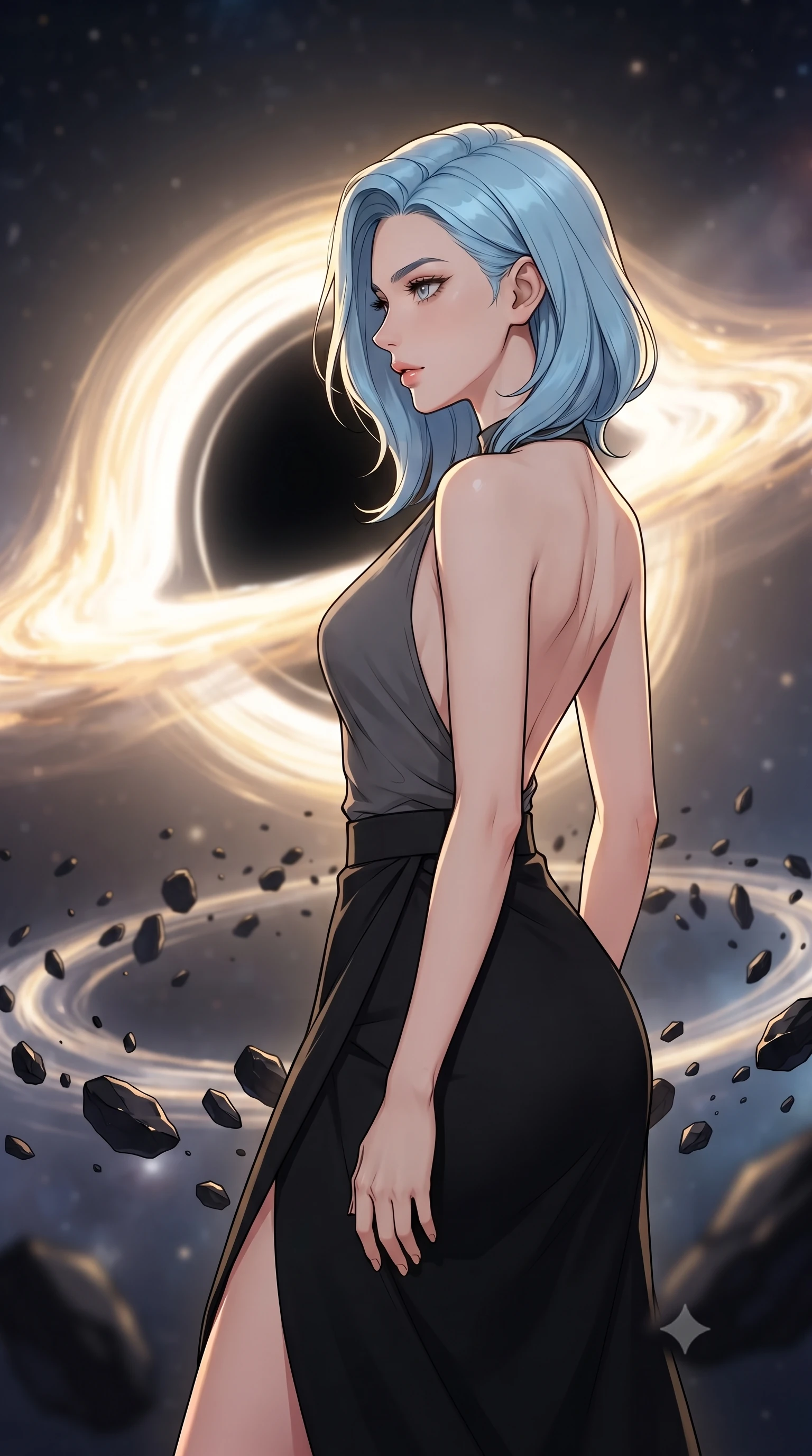 score_9, masterpiece, best quality, ultra-detailed, high-budget anime keyframe, gorgeous anime illustration, with clean line-art and distinct ink outlines, Korean woman. close-up cowboy shot from the waist and thighs up, the character dominates the composition, filling the frame with her large presence, background elements kept in soft focus. Turning her face in sharp dramatic profile against the light. set against a soft-focus background of standing on a ring of floating obsidian stone fragments orbiting a spinning black hole, a brilliant accretion disk of golden and white fire swirling around the dark void at the center. She has an exceptionally elegant and slender, willowy female figure with an ultra-slim waist, a gracefully sculpted slender torso, and a refined slim physique. sharp v-shaped jawline, high-bridge nose, intricate jewel-like eyes with depth, thick eyelashes, glossy lips with a natural sheen. wearing a backless halter-neck top in charcoal grey paired with a high-waisted black wrap midi skirt. high-contrast dramatic gold light from the accretion disk casting strong rim lighting against the pitch-black singularity. 2k, ultra detail, master piece, 9:16 ratio, vibrant anime color palette, detailed cel-shading with soft gradients, rich contrast, dynamic lighting, 2d animation style