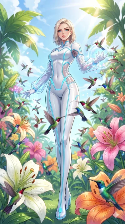score_9, masterpiece, best quality, ultra-detailed, High-budget Anime Keyframe, beautiful Caucasian anime girl (strictly human ears). Low angle cowboy shot filling the entire 9:16 frame with her statuesque presence. Summoning a swarm of hummingbirds 