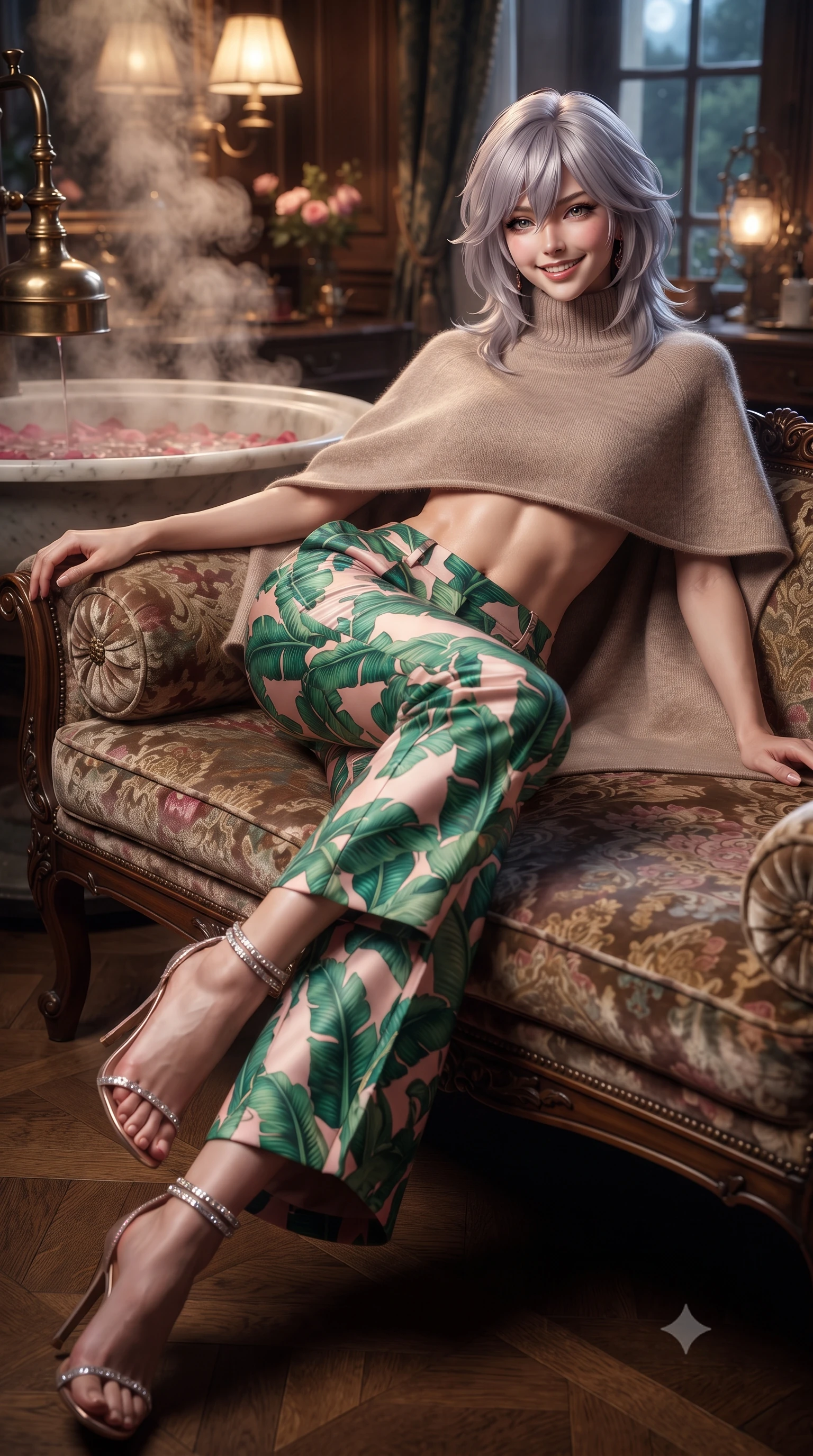 score_9, masterpiece, best quality, ultra-detailed, high-budget anime keyframe, editorial fashion photography, tasteful artistic composition, Japanese woman. low angle full-body shot from head to toe showing her feet, filling the entire 9:16 vertical frame with her statuesque presence, stretching her vertical silhouette. lounging on the lavish daybed with legs crossed and hips angled toward the camera, displaying her toned midriff and long slender limbs with effortless siren poise while twisting her slender torso in an alluring S-curve beside the rose petal extraction basin, soft lantern light caressing her narrow waist and curvy hips. The background shows a soft-focus gentle rosewater distillation steam softened in historic French atelier shallow focus. She has an exceptionally tall and slender model-like 8.5-heads proportion, an ultra-slim waist, a flat toned midriff, narrow delicate ribcage, and beautifully sculpted feminine hips creating a graceful, slim hourglass silhouette without any bulky heaviness, with impossibly long slender legs. sharp v-shaped jawline, high-bridge nose, intricate jewel-like sparkling eyes with depth, thick eyelashes, glossy parted lips with a natural peach sheen, bright cheerful beaming smile with an enchanting and coquettish sensual glint, exuding both youthful cute charm and seductive allure, flawlessly proportioned anatomical accuracy, strict slender model proportions, natural body alignment, perfectly sculpted long slender limbs, ultra-slim waistline, clean dynamic posture without body distortion. wearing a bespoke high-neck cashmere knit cape coat paired with tailored wide-leg wool trousers in Beverly Hills vintage banana-leaf emerald and blush pink, crafted from bespoke double-faced cashmere with an exceptionally soft tactile finish, complemented by strappy stiletto sandals with crystal ankle wraps accentuating her slender calves, the impeccably tailored cut draping gracefully along her slender figure with aristocratic poise. bathed in the warm golden 2500K glow of antique brass factory lamps mixed with silver moonlight through glass. ultra-reflective glossy finish, specular highlights, rich textural contrasts, high-contrast stereoscopic depth, volumetric dynamic lighting, 2k, ultra detail, master piece, 9:16 ratio
