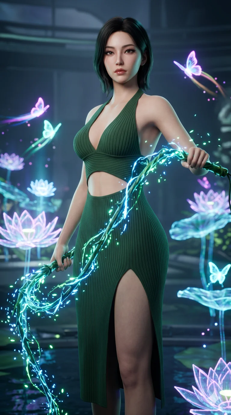score_9, masterpiece, best quality, ultra-detailed, Semi-realistic 3D Game Render, high-fidelity character model, intricate textures, dynamic particle effects, Unreal Engine 5 aesthetic, crisp 3D depth, Korean woman with idol-like refined features. Upper body close-up from the thighs up, character filling the screen for maximum presence. Wielding a glowing vine whip that crackles with bioluminescent energy, devoid of thorns. She has an absolutely perfect 8-heads proportion, an exceptionally tall and slender female figure with impossibly long slender legs and an ultra-slim waist, her statuesque height and towering silhouette dominating the vertical 9:16 frame. Her face is a masterpiece featuring a sharp v-shaped jawline, high-bridge nose, intricate jewel-like eyes with depth, thick eyelashes, and glossy lips with a natural sheen. She is wearing a Ribbed knit bodycon midi dress with a deep-V neck halter top, featuring an exposed midriff and a dangerous high slit.. The scene is set in a digital garden filled with holographic lotus flowers and neon butterflies. 2k, ultra detail, master piece, 9:16 ratio