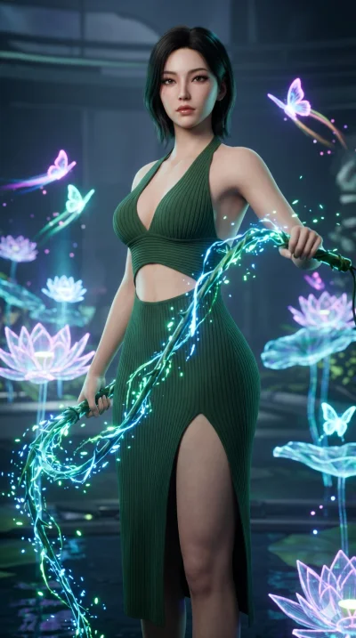 score_9, masterpiece, best quality, ultra-detailed, Semi-realistic 3D Game Render, high-fidelity character model, intricate textures, dynamic particle effects, Unreal Engine 5 aesthetic, crisp 3D depth, Korean woman with idol-like refined features. U