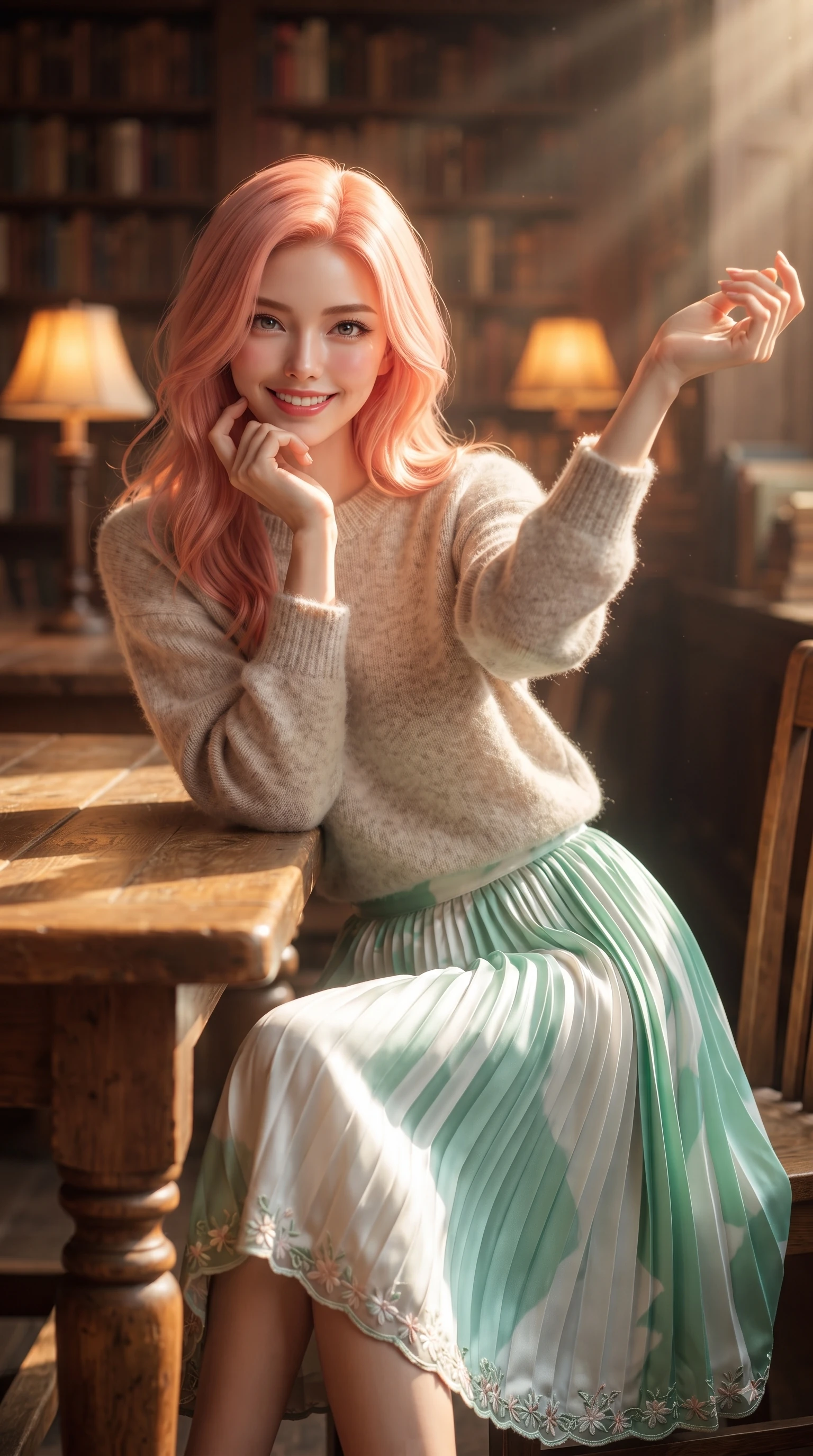 score_9, masterpiece, best quality, ultra-detailed, high-budget anime keyframe, editorial fashion photography, tasteful artistic composition, Japanese woman. close-up cowboy shot from the waist and thighs up, the character dominates the composition, filling the frame with her large presence. Extending one arm in an elegant stretch toward the light while smiling with vibrant, youthful self-assurance while resting her chin on her hand at a rustic wooden table as golden afternoon sunbeams stream across. The composition keeps background elements in soft focus with dreamy bokeh. warm oak book stacks and glowing amber lamps blurred into cozy, creamy background bokeh. She has an exceptionally elegant, slender, and willowy female figure with an ultra-slim waist, a gracefully sculpted slender torso, and a refined silhouette. sharp v-shaped jawline, high-bridge nose, intricate jewel-like eyes with depth, thick eyelashes, glossy lips with a natural sheen, flawlessly proportioned anatomical accuracy, natural body alignment, perfectly sculpted elegant limbs, clean dynamic posture without body distortion. wearing a soft oatmeal cashmere pullover sweater paired with a flowing pleated satin skirt in refreshing mint green and crisp white, tailored from crisp cotton poplin, complemented by delicate embroidered floral trim along the hem, the relaxed yet flattering fit accentuating her naturally graceful and slender figure. illuminated by soft glowing amber indoor lamps and warm wood reflections. ultra-reflective glossy finish, specular highlights, metallic sheen, high-contrast stereoscopic depth, volumetric dynamic lighting, 2k, ultra detail, master piece, 9:16 ratio