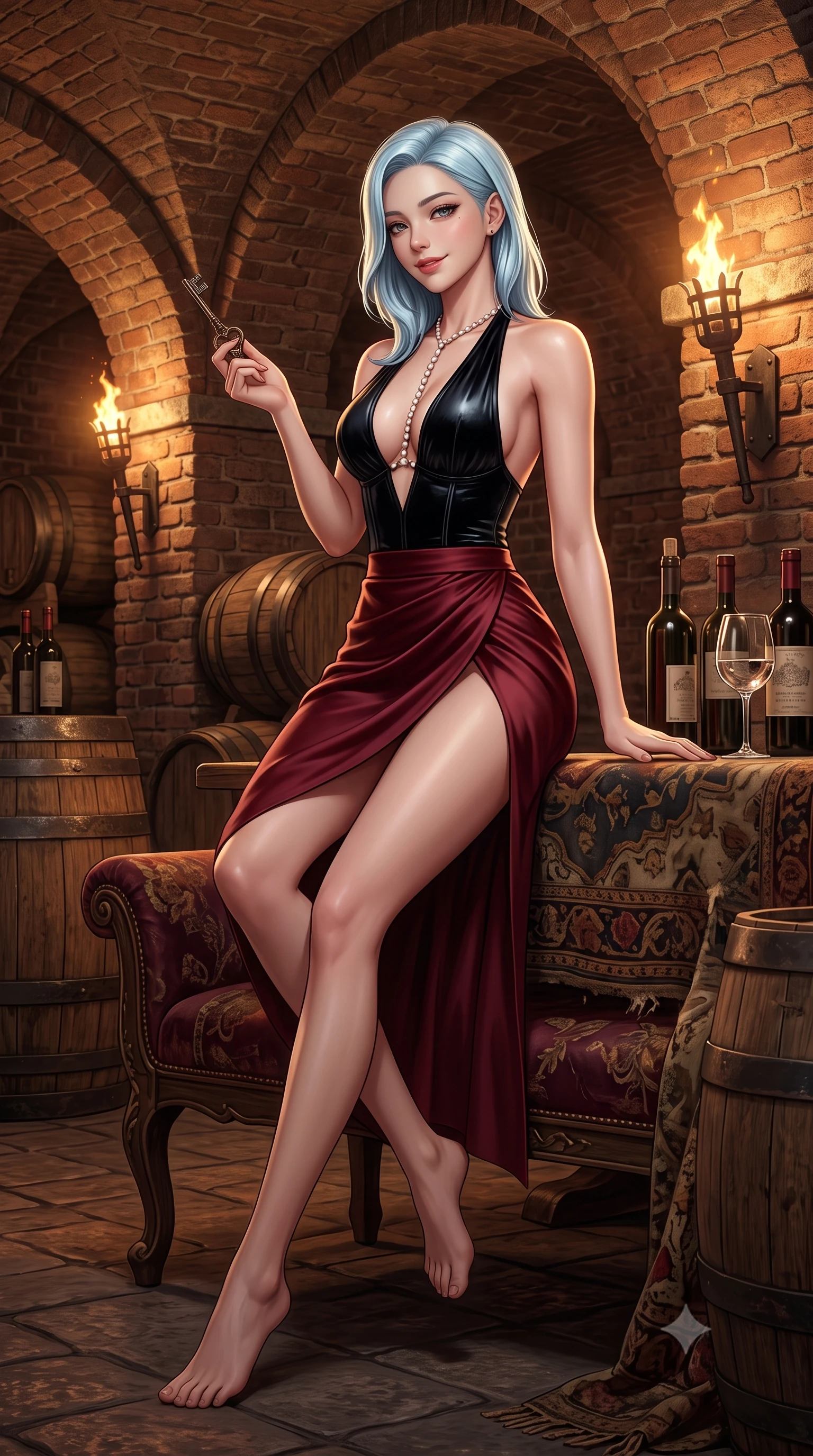 score_9, masterpiece, best quality, ultra-detailed, high-budget anime keyframe, semi-realistic 3D game render, editorial fashion photography, tasteful artistic composition, Korean woman. low angle full-body shot from head to toe showing her feet, filling the entire 9:16 vertical frame with her statuesque presence, stretching her vertical silhouette. stepping slowly toward the camera with hypnotic grace, hips swaying in an alluring sensual rhythm that accentuates her curvy hourglass silhouette and long slender legs while perched sideways on an antique velvet bench with legs extended, holding a vintage key with dangerous coquettish cool. The surrounding environment is rendered in vivid detail and crisp panoramic clarity: sharp ancient brick vaulting texture, iron hoop bands on weathered oak barrels, and wine glass refraction clarity in deep focus. She has an absolutely perfect, statuesque 8.5-heads proportion, an exceptionally tall and slender model-like female figure with impossibly long slender legs, an ultra-slim waist, a flat toned midriff, narrow delicate ribcage, and beautifully sculpted feminine hips creating a graceful, slim hourglass silhouette without any bulky heaviness. sharp v-shaped jawline, high-bridge nose, sparkling eyes with hypnotic seductive depth, thick curled eyelashes, glossy parted lips with a natural dewy peach sheen, alluring bedroom-eyes with an enchanting coquettish smile, exuding magnetic siren charisma and sophisticated glamour, flawlessly proportioned anatomical accuracy, strict slender model proportions, natural body alignment, perfectly sculpted long slender limbs, ultra-slim waistline, clean dynamic posture without body distortion. wearing a high-waisted dark crimson satin wrap sarong skirt with hip-high slit paired with a plunging criss-cross halter corset in wet-look onyx black with crimson specular reflections, tailored from ultra-plush velvet with rich tactile depth and deep shadow gradients, accented with a pearl-drop body harness subtly framing her dewy collarbones and spine, the second-skin tailored fabric adhering flawlessly to her sculpted flat midriff and slender torso, emphasizing her long leg lines and perfectly proportioned willowy build. bathed in warm flickering firelight from iron wall torches mounted in stone brackets. highly saturated vibrant anime colors, detailed shading with soft gradients, rich glossy textures, high-contrast stereoscopic depth, volumetric dynamic lighting, master piece, 9:16 ratio