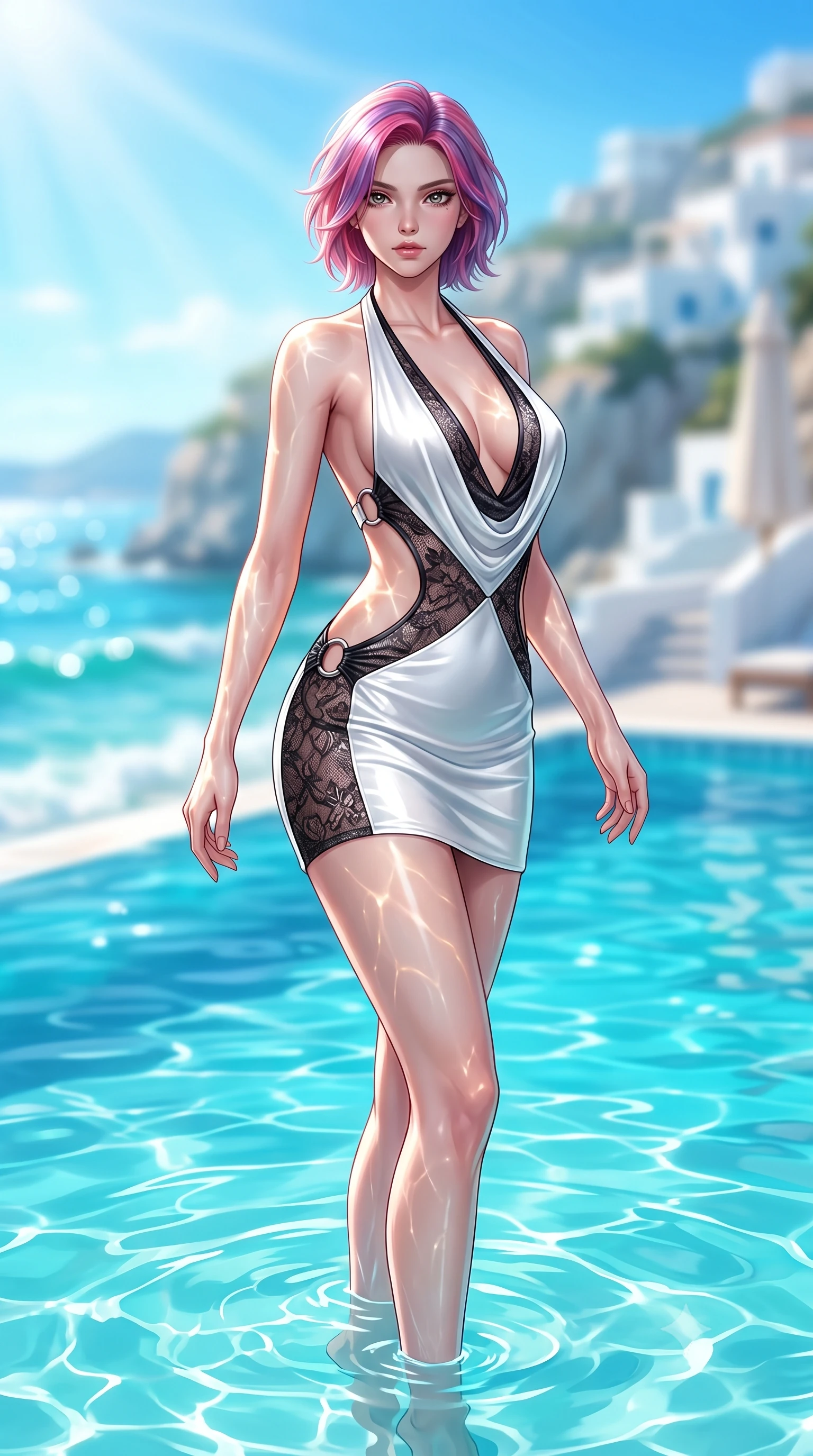 score_9, masterpiece, best quality, ultra-detailed, high-budget anime keyframe, semi-realistic 3D game render, editorial fashion photography, tasteful artistic composition, Caucasian woman. low angle full-body shot from head to toe showing her feet, filling the entire 9:16 vertical frame with her statuesque presence, stretching her vertical silhouette. pivoting dynamically in mid-motion with a breathtakingly alluring posture, displaying her flawless model proportions and ultra-slim waist while standing waist-deep in crystal-clear turquoise pool water as radiant midday sunbeams cast dancing caustic reflections across her torso. The composition keeps background elements in soft focus with creamy bokeh. sparkling turquoise sea waves and white cliffside architecture blurred into creamy, sun-drenched azure bokeh. She has an absolutely perfect, statuesque 8.5-heads proportion, an exceptionally tall and slender model-like female figure with impossibly long slender legs, a toned flat midriff, and an ultra-slim waist. sharp v-shaped jawline, high-bridge nose, intricate jewel-like eyes with depth, thick eyelashes, glossy lips with a natural sheen, flawlessly proportioned anatomical accuracy, strict slender model proportions, natural body alignment, perfectly sculpted long slender limbs, ultra-slim waistline, clean dynamic posture without body distortion. wearing a form-contouring liquid satin halter-neck mini dress with a deep crossover cowl front, open back, and ultra-slender waist drape in high-gloss monochrome white and sharp black contrast, crafted from delicate dark lace interwoven with luminescent micro-fibers, detailed with polished silver rings connecting the daring side-waist cutouts, the precision-cut daring openings accentuating her delicate midriff, graceful bare collarbones, and ultra-slim feminine waistline. surrounded by a bright, luxurious, and intensely alluring sun-drenched resort atmosphere. highly saturated vibrant anime colors, detailed shading with soft gradients, rich glossy textures, high-contrast stereoscopic depth, volumetric dynamic lighting, master piece, 9:16 ratio