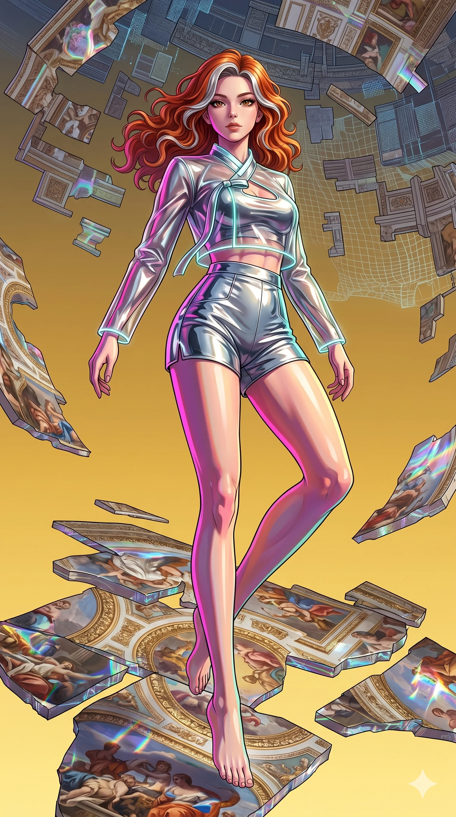 score_9, masterpiece, best quality, ultra-detailed, high-budget anime keyframe, Caucasian woman, strictly human ears. low angle full-body shot filling the entire 9:16 frame with her statuesque presence, stretching the vertical silhouette. propelling herself off digital baroque ceiling fresco shards that float and reassemble in a golden sky. She has an absolutely perfect 8-heads proportion, an exceptionally tall and slender female figure with impossibly long slender legs and an ultra-slim waist. V-shaped jawline, high-bridge nose, intricate jewel-like eyes with depth, thick eyelashes, glossy lips with a natural sheen.. wearing a vinyl liquid mercury fusion hanbok, featuring a translucent chrome-silver vinyl jeogori and high-waist tailored mini shorts, detailed with glowing neon wire trims and a tasteful chest slit. accented by dynamic color-blocked lighting with high-contrast shadows emphasizing her statuesque height. 2k, ultra detail, master piece, 9:16 ratio