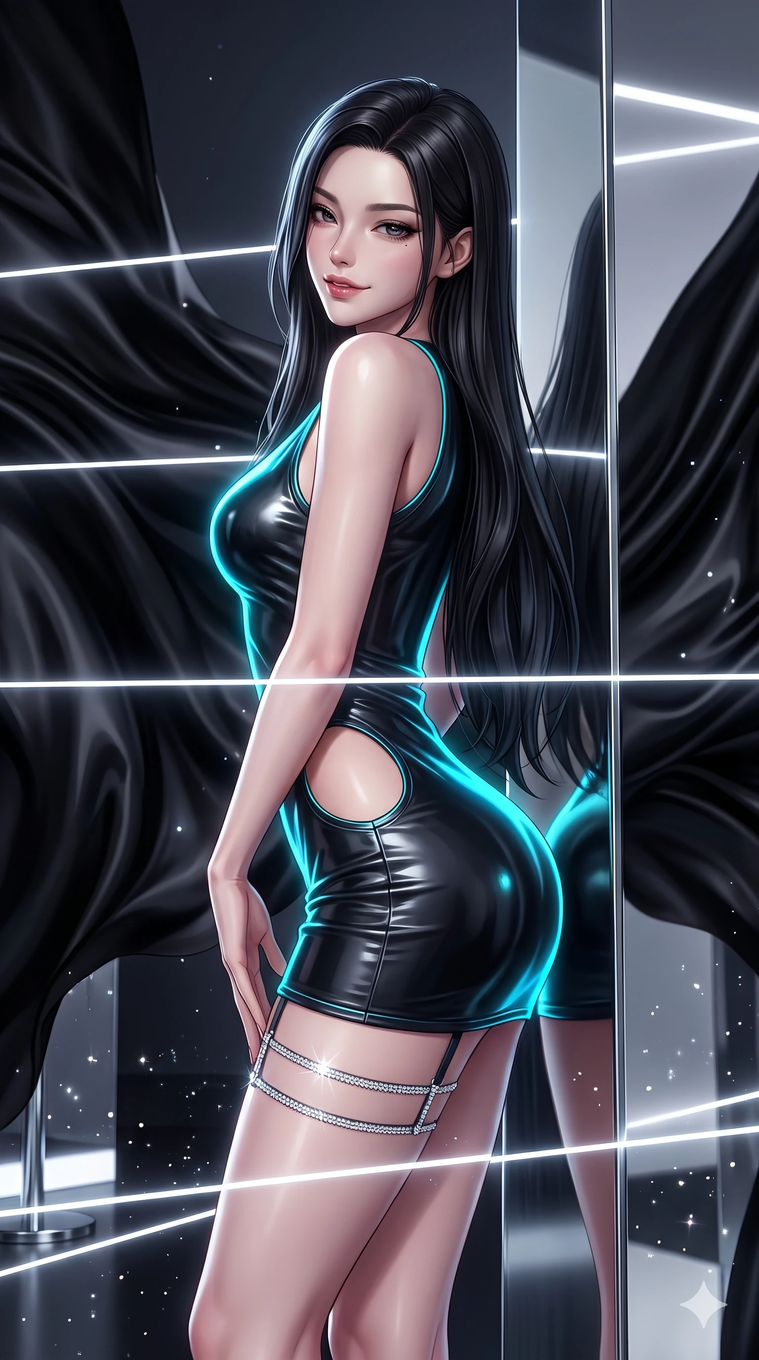 score_9, masterpiece, best quality, ultra-detailed, high-budget anime keyframe, semi-realistic 3D game render, editorial fashion photography, tasteful artistic composition, Korean woman. close-up cowboy shot from the waist and thighs up, the character dominates the composition, filling the frame with her large presence. smiling with quiet, magnetic self-assurance directly into the camera with heavy-lidded sparkling eyes while leaning back against the mirror-finish gallery pylon with hips cocked back, casting an intoxicating, sultry bedroom-gaze over her shoulder. The surrounding environment is rendered in vivid detail and crisp panoramic clarity: detailed tiered tulle gown tailoring, corseted waist structure, and high-fashion exhibition design in razor-sharp clarity. She has an exceptionally elegant, slender, and willowy female figure with an ultra-slim waist, flat toned midriff, narrow ribcage, and sculpted feminine hips creating an alluring, slim hourglass silhouette without bulk. sharp v-shaped jawline, high-bridge nose, intricate jewel-like dark sparkling eyes with hypnotic seductive depth, thick curled eyelashes, glossy parted lips with a natural wine sheen, alluring bedroom-eyes with an enigmatic smoldering smile, exuding magnetic sovereign charisma and dark avant-garde glamour, flawlessly proportioned anatomical accuracy, strict slender model proportions, natural body alignment, perfectly sculpted long slender limbs, ultra-slim waistline, clean dynamic posture without body distortion. wearing a liquid-look wet vinyl micro-mini dress clinging like a second skin with hip-high side cutouts in neon cyan edge-glow and dark carbon black, made of liquid dark mercury jersey with seamless sculpting hold and fluid drape, finished with delicate crystal-encrusted thigh garter straps glinting in the laser glare, the bespoke structured tailoring following the natural line of her 8.5-heads silhouette with refined elegance. bathed in razor-thin horizontal white laser sheets slicing through billowing black silk. highly saturated vibrant anime colors, detailed shading with soft gradients, rich glossy textures, high-contrast stereoscopic depth, volumetric dynamic lighting, master piece, 9:16 ratio