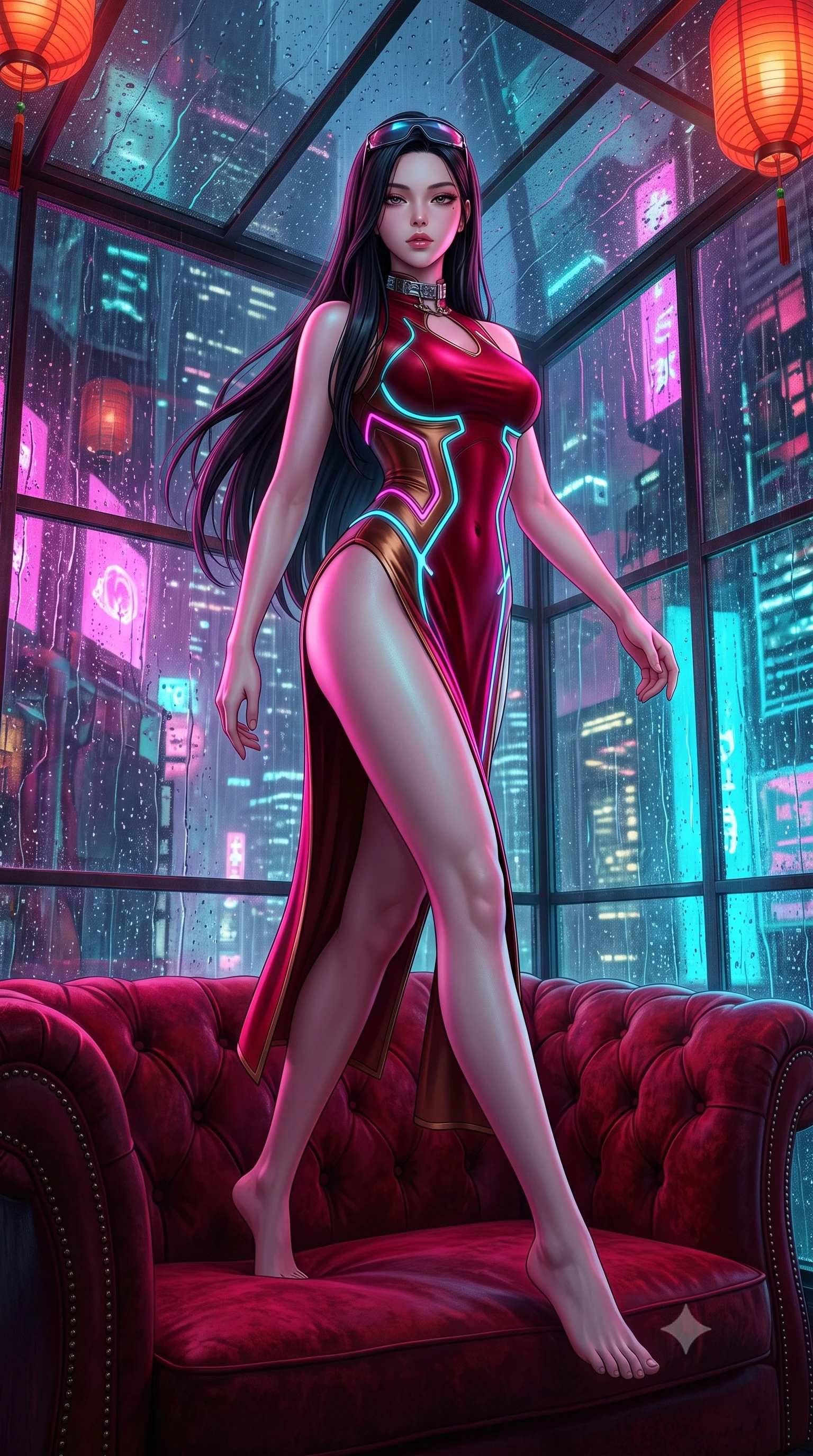 score_9, masterpiece, best quality, ultra-detailed, high-budget anime keyframe, semi-realistic 3D game render, editorial fashion photography, tasteful artistic composition, Korean woman. low angle full-body shot from head to toe showing her feet, filling the entire 9:16 vertical frame with her statuesque presence, stretching her vertical silhouette. striding forward in a proud supermodel runway stride, hips swaying in an alluring kinetic rhythm that accentuates her curvy hourglass silhouette while reclining on a vintage velvet Chesterfield sofa inside a rain-streaked rooftop teahouse, one knee drawn up in a seductive Cleopatra pose. The surrounding environment is rendered in vivid detail and crisp panoramic clarity. intense Wong Kar-wai inspired neo-noir chiaroscuro and atmospheric cyberpunk metropolis aesthetics in precision. She has an absolutely perfect, statuesque 8.5-heads proportion, an exceptionally tall and slender model-like female figure with impossibly long slender legs, a toned flat midriff, an ultra-slim waist, and beautifully sculpted feminine hips. sharp v-shaped jawline, high-bridge nose, intricate jewel-like eyes with depth, thick eyelashes, glossy parted lips with a natural sheen, intensely captivating and seductive bedroom-eyes expression, flawlessly proportioned anatomical accuracy, strict slender model proportions, natural body alignment, perfectly sculpted long slender limbs, ultra-slim waistline, clean dynamic posture without body distortion. wearing a modernized cyber-qipao mini dress with an ultra-high side slit ascending to the hip and glowing LED piping in rich crimson silk and liquid bronze, made of seamless compression knit with anatomical curves sculpting, accessorized with cyber-visor sunglasses resting on her brow and chunky silver choker, the second-skin form-contouring cut accentuating her sculpted flat midriff, narrow waistline, and dramatically curvy hips without adding bulk. bathed in vibrant magenta and electric cyan neon light contrasting with warm lantern scarlet downlights. highly saturated vibrant anime colors, detailed shading with soft gradients, rich glossy textures, high-contrast stereoscopic depth, volumetric dynamic lighting, master piece, 9:16 ratio