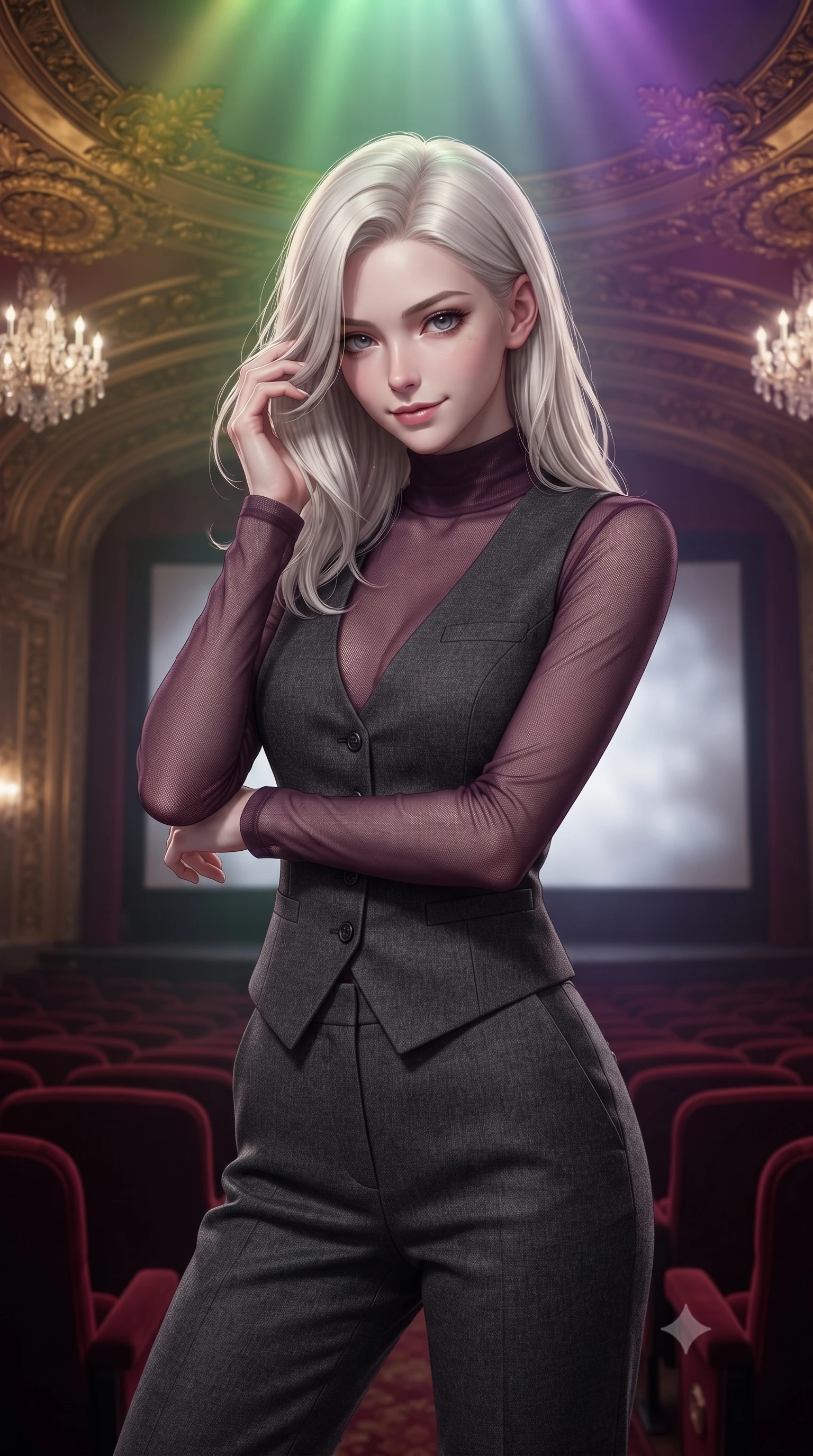 score_9, masterpiece, best quality, ultra-detailed, high-budget anime keyframe, editorial fashion photography, tasteful artistic composition, Caucasian woman, strictly human ears. close-up cowboy shot from the waist and thighs up, the character dominates the composition, filling the frame with her large presence, background elements kept in soft focus. Gently brushing hair from her face with an enigmatic half-smile. set against a soft-focus background of inside a magnificently restored 1930s movie palace with deep red velvet seats ornate gold leaf ceiling decorations crystal chandeliers and the silver screen casting a ghostly white glow across the empty auditorium. She has an exceptionally elegant and slender, willowy female figure with an ultra-slim waist, a gracefully sculpted slender torso, and a refined slim physique. sharp v-shaped jawline, high-bridge nose, intricate jewel-like eyes with depth, thick eyelashes, glossy lips with a natural sheen. wearing a high-neck sheer mesh top in a dark plum color, layered under a tailored charcoal wool vest and matching pants. illuminated by a shifting aurora palette of green violet and gold from above. 2k, ultra detail, master piece, 9:16 ratio