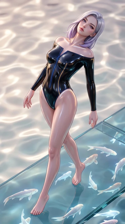 score_9, masterpiece, best quality, ultra-detailed, high-budget anime keyframe, semi-realistic 3D game render, editorial fashion photography, tasteful artistic composition, Caucasian woman. low angle full-body shot from head to toe showing her feet, 