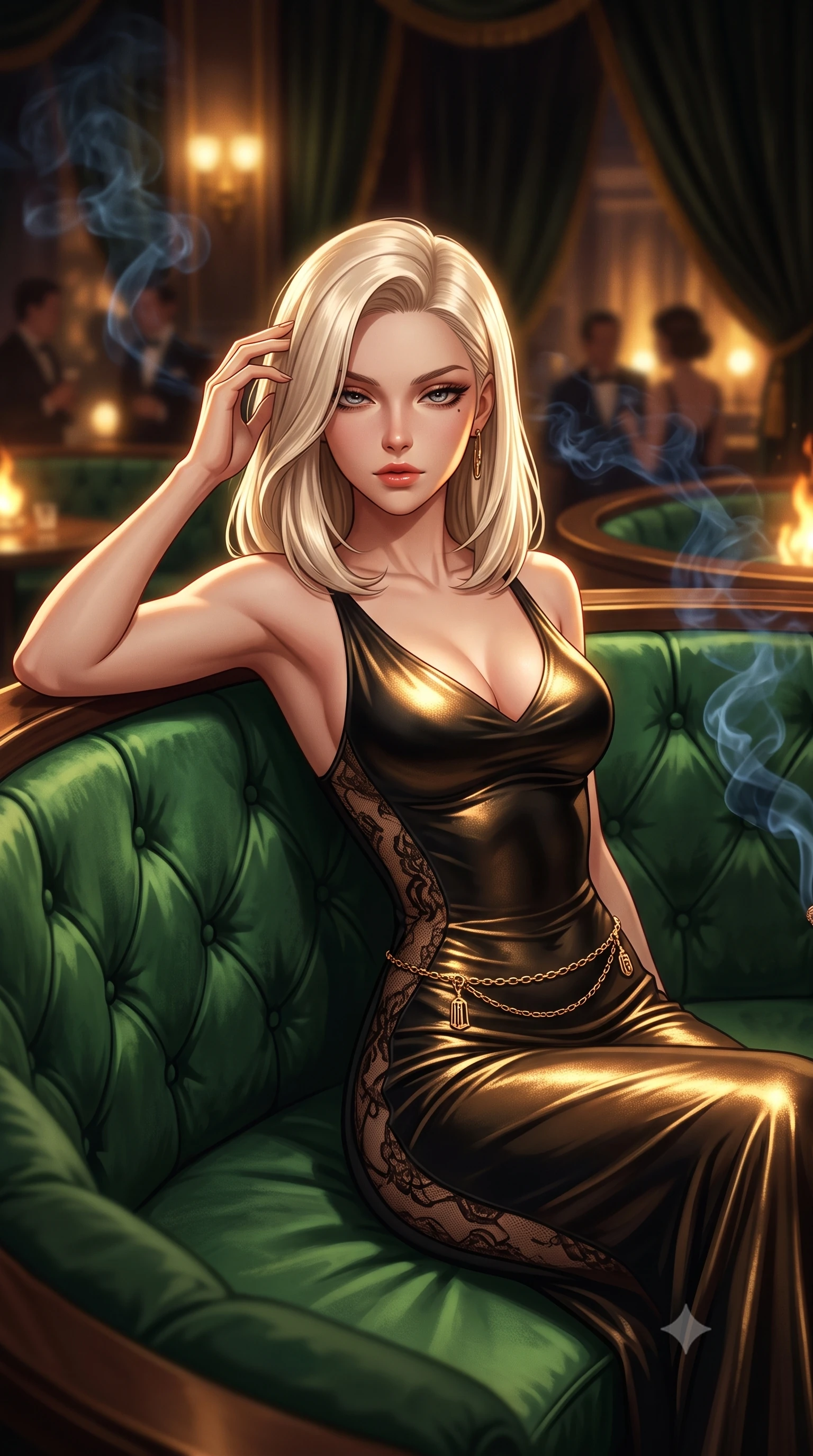 score_9, masterpiece, best quality, ultra-detailed, high-budget anime keyframe, semi-realistic 3D game render, editorial fashion photography, tasteful artistic composition, Caucasian woman. close-up cowboy shot from the waist and thighs up, the character dominates the composition, filling the frame with her large presence. leaning back with relaxed seductive grace, her sculpted collarbones and narrow waist highlighted as she casts smoldering bedroom-eyes directly into the camera while lounging languidly in a circular VIP booth of emerald velvet, running fingers through her glossy hair as jazz music drifts. The composition keeps background elements in soft focus with creamy bokeh. drifting cigar smoke wisps and dark velvet draperies softened in luxurious 1920s shallow focus. She has an exceptionally elegant, slender, and willowy female figure with an ultra-slim waist, a gracefully sculpted slender torso, toned flat midriff, and rounded feminine hips creating an alluring hourglass silhouette. sharp v-shaped jawline, high-bridge nose, intricate jewel-like eyes with depth, thick eyelashes, glossy parted lips with a natural sheen, intensely captivating and seductive bedroom-eyes expression, flawlessly proportioned anatomical accuracy, strict slender model proportions, natural body alignment, perfectly sculpted long slender limbs, ultra-slim waistline, clean dynamic posture without body distortion. wearing a second-skin black silk jersey flapper gown with sheer lace side panels tracing her curves in high-contrast black and molten brass, crafted from luxurious metallic lamé that shifts radiance with every step, accented with a delicate gold chain belt resting loosely on her curvy hips, the form-contouring material adhering flawlessly to her sculpted flat midriff and slender torso, emphasizing her long leg lines and perfectly proportioned willowy build. illuminated by rich directional firelight sculpting every feminine curve of her slender silhouette. highly saturated vibrant anime colors, detailed shading with soft gradients, rich glossy textures, high-contrast stereoscopic depth, volumetric dynamic lighting, master piece, 9:16 ratio