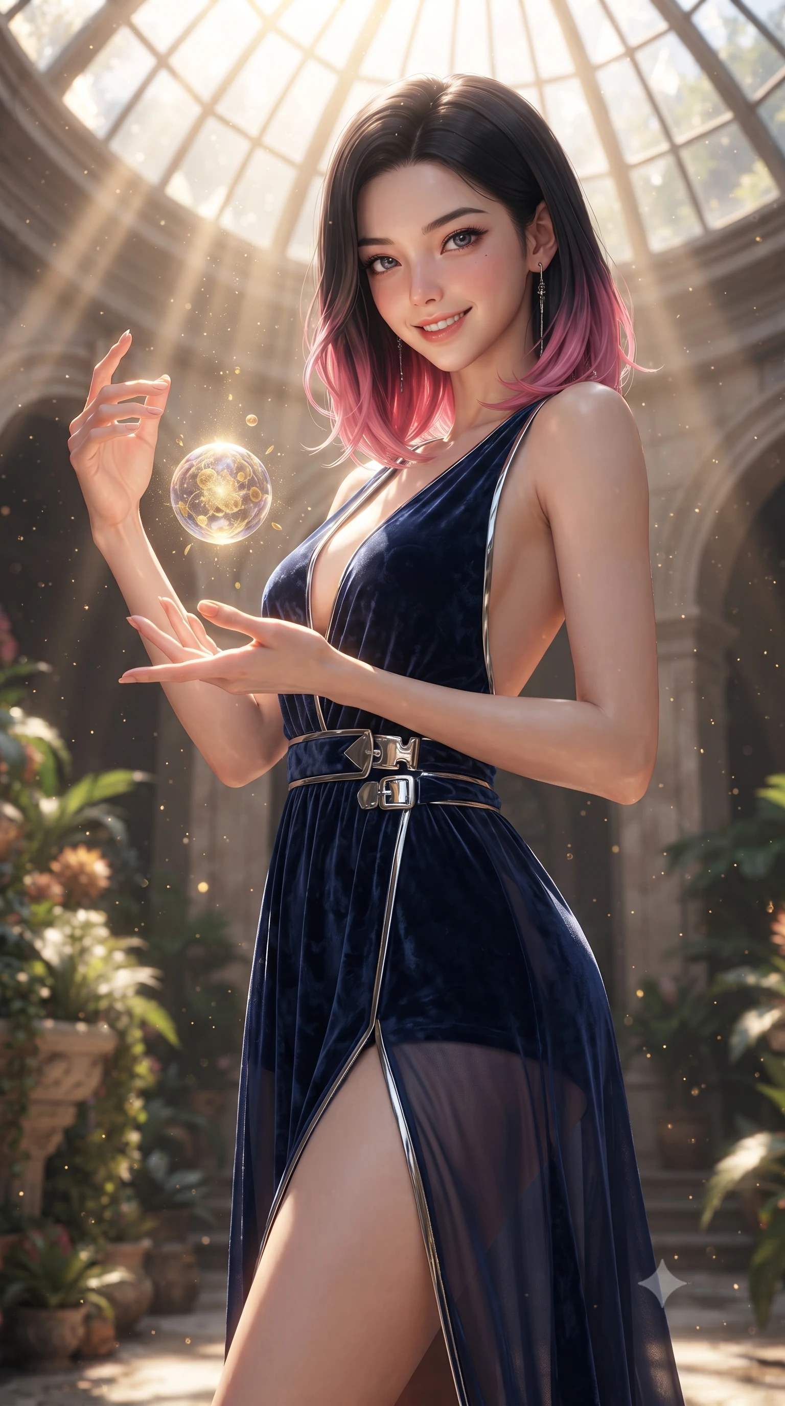 score_9, masterpiece, best quality, ultra-detailed, high-budget anime keyframe, editorial fashion photography, tasteful artistic composition, Korean woman. close-up cowboy shot from the waist and thighs up, the character dominates the composition, filling the frame with her large presence, background elements kept in soft focus. Smiling with quiet, magnetic self-assurance directly into the lens interacting with a floating biomorphic pollen orb in a sunlit sanctuary, intense volumetric sunbeams filtering through the glass ceiling. She has an exceptionally elegant, slender, and willowy female figure with an ultra-slim waist, a gracefully sculpted slender torso, and a refined silhouette. sharp v-shaped jawline, high-bridge nose, intricate jewel-like eyes with depth, thick eyelashes, glossy lips with a natural sheen. wearing a backless crushed velvet gown with a deep V-neckline and high thigh slit in midnight navy blue and chrome trim, woven from fine semi-opaque sheer organza, detailed with polished silver buckles along the waistline, the form-contouring material highlighting her ultra-slim waist and long lines. lit by warm golden-hour rays cascading through crystalline glass panes. ultra-reflective glossy finish, specular highlights, metallic sheen, high-contrast stereoscopic depth, volumetric dynamic lighting, 2k, ultra detail, master piece, 9:16 ratio
