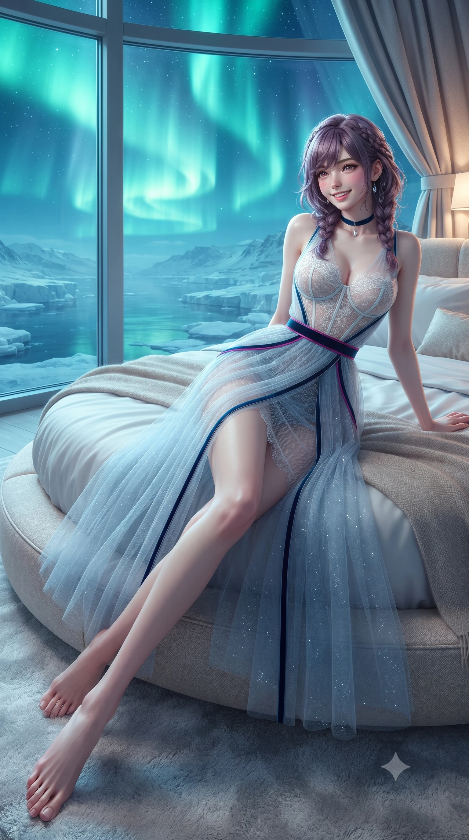 score_9, masterpiece, best quality, ultra-detailed, high-budget anime keyframe, editorial fashion photography, tasteful artistic composition, Japanese woman. low angle full-body shot from head to toe showing her feet, filling the entire 9:16 vertical frame with her statuesque presence, stretching her vertical silhouette. posing in a classic haute-couture S-curve stance beside the floor-to-ceiling window, looking over a bare shoulder with magnetic presence while lounging in the round cashmere-upholstered bed propped on one elbow, her statuesque 8.5-heads silhouette commanding the Arctic sky. The surrounding environment is rendered in vivid detail and crisp panoramic clarity: detailed sculpted underwire corset in sheer frost-white Chantilly lace, sheer mesh pencil skirt slit, and polar dome architecture in razor-sharp precision. She has an exceptionally tall and slender model-like 8.5-heads proportion, an ultra-slim waist, a flat toned midriff, narrow delicate ribcage, and beautifully sculpted feminine hips creating a graceful, slim hourglass silhouette without any bulky heaviness, with impossibly long slender legs. sharp v-shaped jawline, high-bridge nose, intricate jewel-like sparkling eyes with depth, thick eyelashes, glossy parted lips with a natural peach sheen, bright cheerful beaming smile with an enchanting and coquettish sensual glint, exuding both youthful cute charm and seductive allure, flawlessly proportioned anatomical accuracy, strict slender model proportions, natural body alignment, perfectly sculpted long slender limbs, ultra-slim waistline, clean dynamic posture without body distortion. wearing a provocative semi-sheer icy blue tulle cocktail dress with velvet ribbon piping contouring her narrow waist and hips in Huangpu midnight sapphire and neon magenta, made of sheer gossamer chiffon that drapes softly against skin with airy translucence, finished with a thin velvet ribbon choker and a single teardrop diamond pendant, the high-slit wrap tailoring accentuating her ultra-slim waistline and the enchanting curve of her feminine hips with alluring seductive charm. bathed in the ethereal 5000K emerald-cyan luminescence of the Northern Lights mixed with warm 2200K interior hearth glows. ultra-reflective glossy finish, specular highlights, rich textural contrasts, high-contrast stereoscopic depth, volumetric dynamic lighting, 2k, ultra detail, master piece, 9:16 ratio
