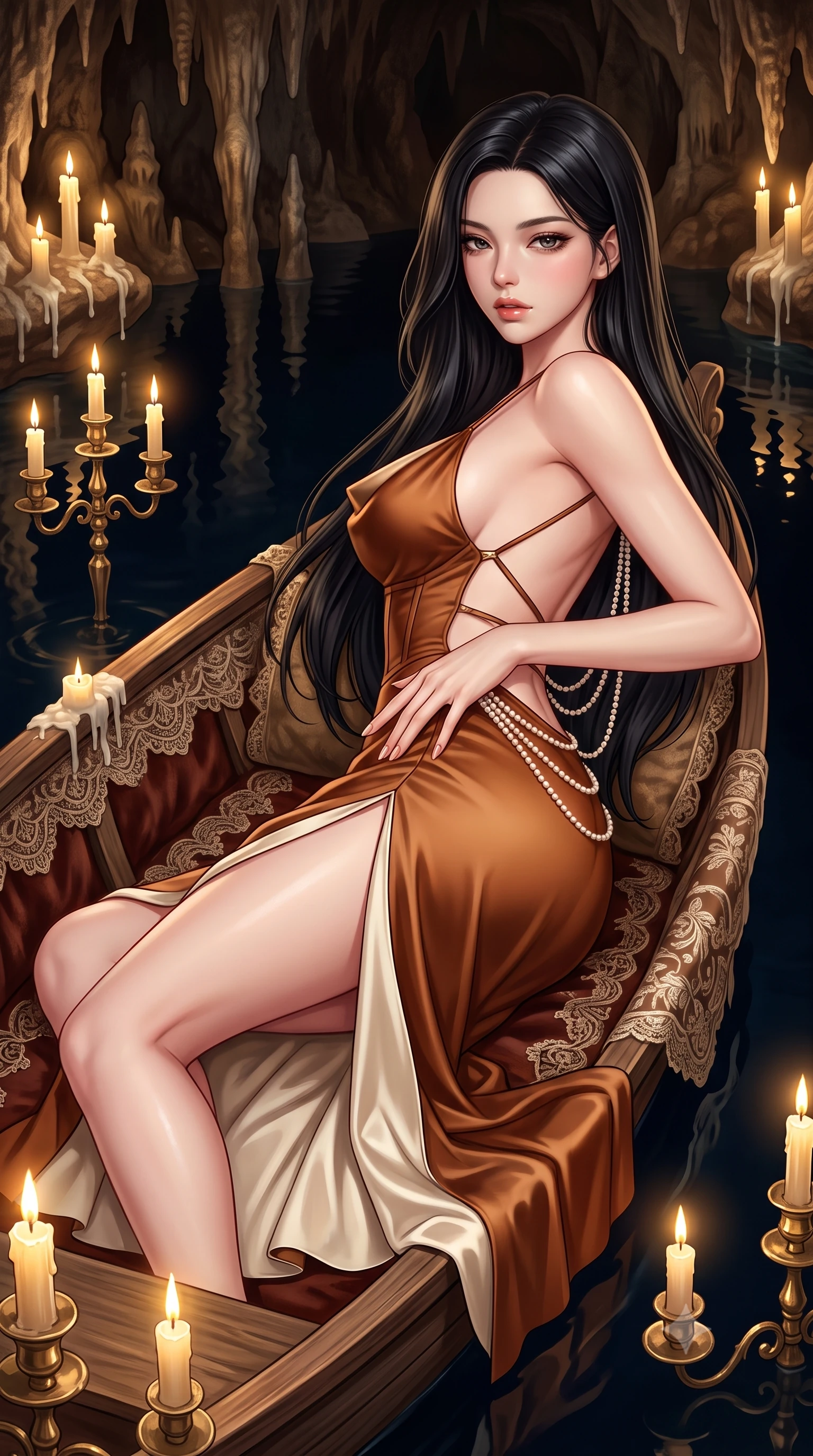 score_9, masterpiece, best quality, ultra-detailed, high-budget anime keyframe, semi-realistic 3D game render, editorial fashion photography, tasteful artistic composition, Korean woman. close-up cowboy shot from the waist and thighs up, the character dominates the composition, filling the frame with her large presence. resting one manicured hand delicately on her hip bone, her upper body turning in a fluid, seductive S-curve while parted lips glisten in the light while reclining languidly on an antique velvet-lined skiff floating on the subterranean black lake, arching her spine with one knee bent as candlelight traces her curvy hips. The surrounding environment is rendered in vivid detail and crisp panoramic clarity. detailed antique lace embroidery, mirror bevel clarity, and dripping candle wax beads in high clarity. She has an exceptionally elegant, slender, and willowy female figure with an ultra-slim waist, flat toned midriff, narrow ribcage, and sculpted feminine hips creating an alluring, slim hourglass silhouette without bulk. sharp v-shaped jawline, high-bridge nose, intricate jewel-like eyes with depth, thick eyelashes, glossy parted lips with a natural sheen, intensely captivating and seductive bedroom-eyes expression, flawlessly proportioned anatomical accuracy, strict slender model proportions, natural body alignment, perfectly sculpted long slender limbs, ultra-slim waistline, clean dynamic posture without body distortion. wearing a backless cowl-neck satin slip dress featuring high-cut side hip slits and delicate criss-cross back straps in rich equestrian cognac brown and crisp champagne cream, made of fluid silk crepe with delicate inner corsetry boning, accented with a multi-strand pearl back necklace cascading down her bare spine to her hips, the precision-cut side openings and low-back scoop framing her graceful spine and the sensual sweep of her slim, toned hips. bathed in warm golden candelabra flicker from all sides and soft subterranean lake water reflections. highly saturated vibrant anime colors, detailed shading with soft gradients, rich glossy textures, high-contrast stereoscopic depth, volumetric dynamic lighting, master piece, 9:16 ratio