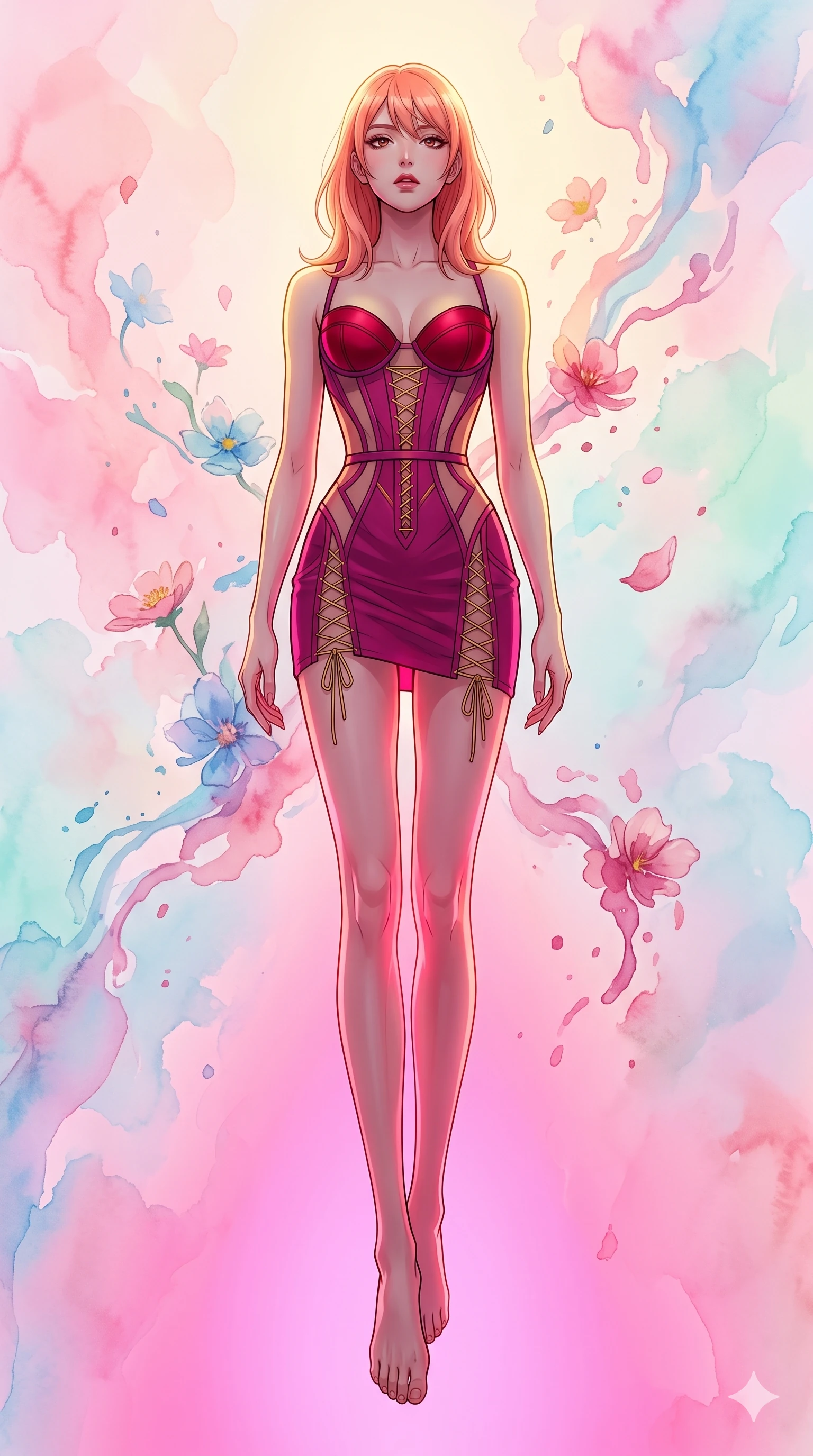 score_9, masterpiece, best quality, ultra-detailed, high-budget anime keyframe, editorial fashion photography, tasteful artistic composition, Japanese woman. low angle full-body shot from head to toe showing her feet, filling the entire 9:16 vertical frame with her statuesque presence, stretching her vertical silhouette. floating with ethereal lightness within a dreamlike garden where watercolor paint flows in real-time through the air, flowers dissolving into liquid pigment strokes that drift and bloom in pastel washes of rose, cerulean, and mint. She has a statuesque 8.5-heads proportion, an exceptionally tall, slender and willowy model-like build with impossibly long legs and a highly sculpted ultra-slim waist. sharp v-shaped jawline, high-bridge nose, intricate jewel-like eyes with depth, thick eyelashes, glossy lips with a natural sheen. wearing a deconstructed corset dress in deep magenta with exposed gold lacing, transparent mesh panels, and structured crimson cups. dramatic contrast of hot pink furnace glow from below and cool golden light from above. 2k, ultra detail, master piece, 9:16 ratio