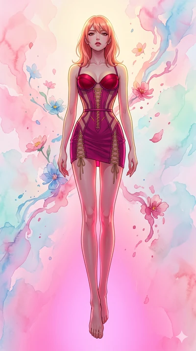 score_9, masterpiece, best quality, ultra-detailed, high-budget anime keyframe, editorial fashion photography, tasteful artistic composition, Japanese woman. low angle full-body shot from head to toe showing her feet, filling the entire 9:16 vertical