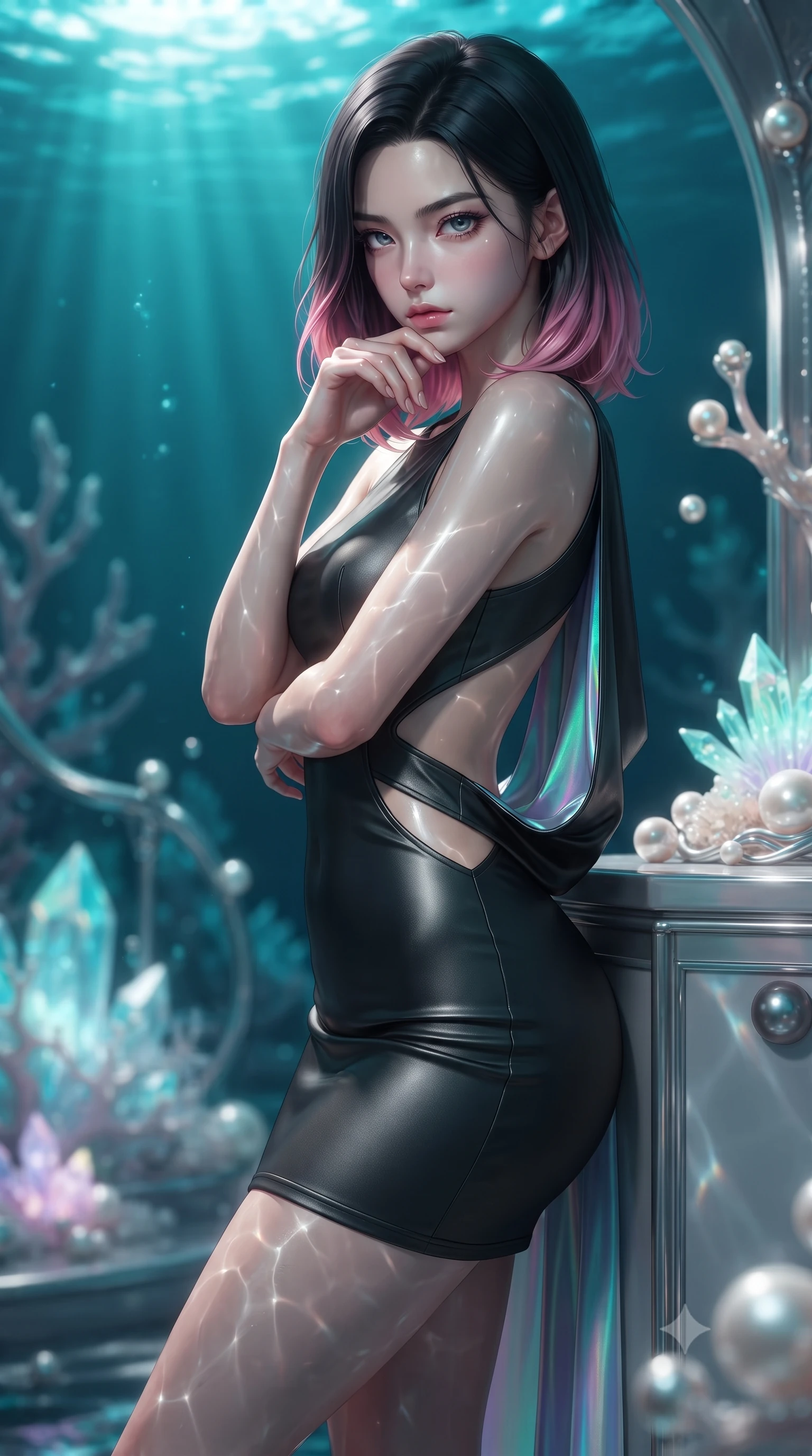 score_9, masterpiece, best quality, ultra-detailed, high-budget anime keyframe, editorial fashion photography, tasteful artistic composition, Korean woman. close-up cowboy shot from the waist and thighs up, the character dominates the composition, filling the frame with her large presence, background elements kept in soft focus. Resting her chin on the backs of her fingers, casting a sharp, mysterious gaze standing beside a pearl archive sanctuary filled with glowing sea crystals, golden sunbeams penetrating deep turquoise water creating caustic light patterns. She has an exceptionally elegant, slender, and willowy female figure with an ultra-slim waist, a gracefully sculpted slender torso, and a refined silhouette. sharp v-shaped jawline, high-bridge nose, intricate jewel-like eyes with depth, thick eyelashes, glossy lips with a natural sheen. wearing a precision-fitted liquid jersey bodycon dress with a draped back in matte black and polished silver, crafted from iridescent chiffon that shifts colors in the light, featuring clean architectural cutouts along her slender torso, the sleek second-skin texture accentuating her magnetic presence. bathed in brilliant underwater sunbeams and soft turquoise caustic glow. ultra-reflective glossy finish, specular highlights, metallic sheen, high-contrast stereoscopic depth, volumetric dynamic lighting, 2k, ultra detail, master piece, 9:16 ratio