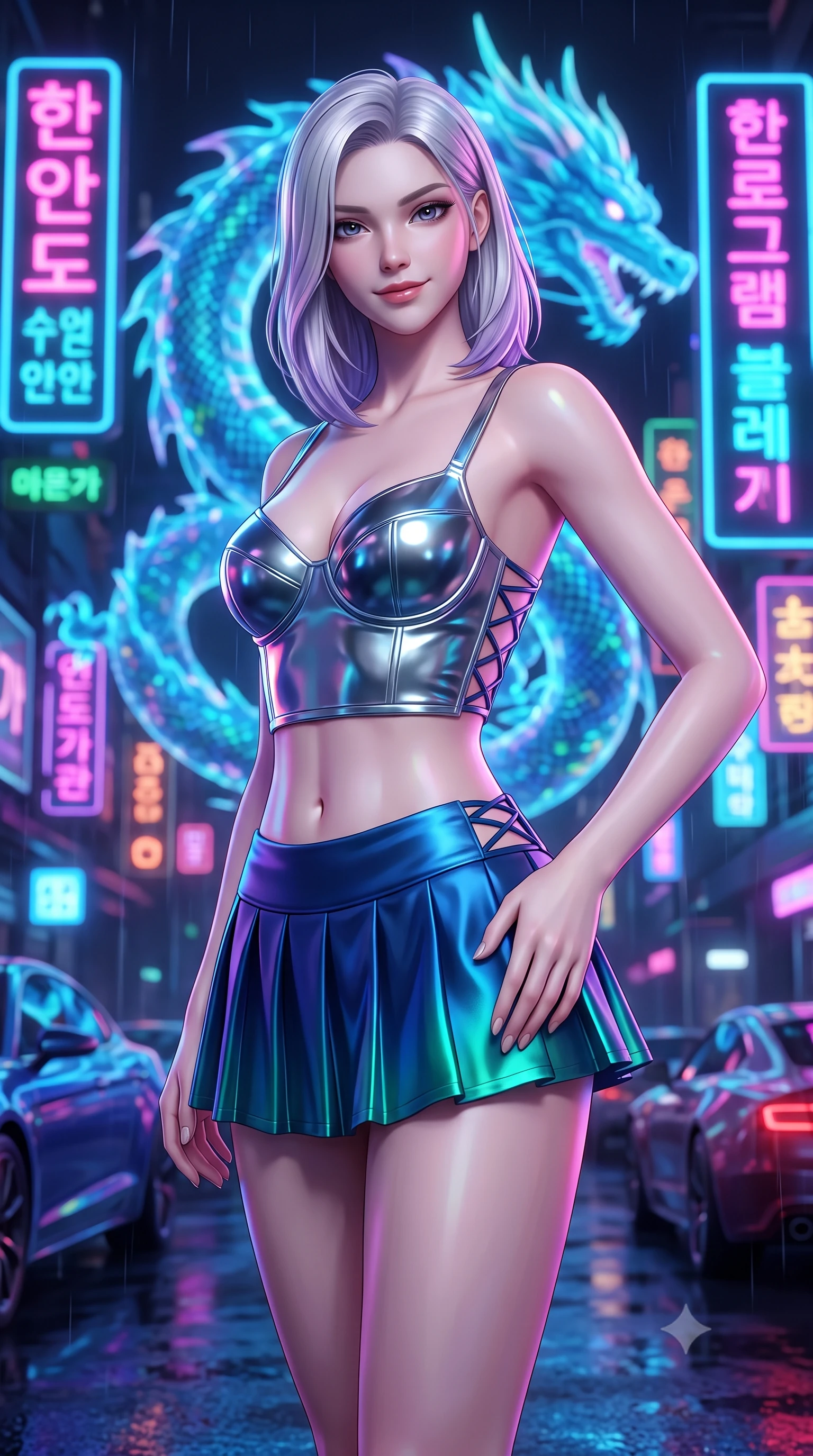 score_9, masterpiece, best quality, ultra-detailed, high-budget anime keyframe, semi-realistic 3D game render, editorial fashion photography, tasteful artistic composition, Caucasian woman. close-up cowboy shot from the waist and thighs up, the character dominates the composition, filling the frame with her large presence. tilting her head with a teasing half-smile, running one hand slowly down the side of her hip in a flirtatious S-curve as ambient light caresses her silhouette while twisting her slender torso in an alluring contrapposto stance, multicolored neon Hangul typography reflecting across her narrow waist and curvy hips. The background shows a soft-focus gigantic coiling holographic azure dragon, towering neon Hangul holographic signs, and rain-slicked futuristic traffic blurred into electric cyan, cobalt, and crimson bokeh. She has an exceptionally elegant, slender, and willowy female figure with an ultra-slim waist, flat toned midriff, narrow ribcage, and sculpted feminine hips creating an alluring, slim hourglass silhouette without bulk. sharp v-shaped jawline, high-bridge nose, intricate jewel-like sparkling eyes with depth, thick eyelashes, glossy parted lips with a natural peach sheen, bright cheerful beaming smile with an enchanting and coquettish sensual glint, exuding both youthful cute charm and seductive allure, flawlessly proportioned anatomical accuracy, strict slender model proportions, natural body alignment, perfectly sculpted long slender limbs, ultra-slim waistline, clean dynamic posture without body distortion. wearing a chrome-plated structured underwire bustier top paired with an ultra-short low-rise pleated micro mini skirt in abyssal ocean sapphire and bioluminescent emerald, crafted from fluid liquid silk satin that clings smoothly to her narrow waist and rounded hips with a dewy sheen, featuring fine criss-cross lace-up side ties revealing tantalizing glimpses of her hip curve, the liquid-tight tailored fabric clinging flawlessly to her narrow waist and rounded feminine hips, emphasizing every millimeter of her sculpted slim hourglass curves without any bulky heaviness. bathed in the glowing azure radiance of the monumental holographic dragon mixed with neon street reflections. highly saturated vibrant anime colors, detailed shading with soft gradients, rich glossy textures, high-contrast stereoscopic depth, volumetric dynamic lighting, master piece, 9:16 ratio